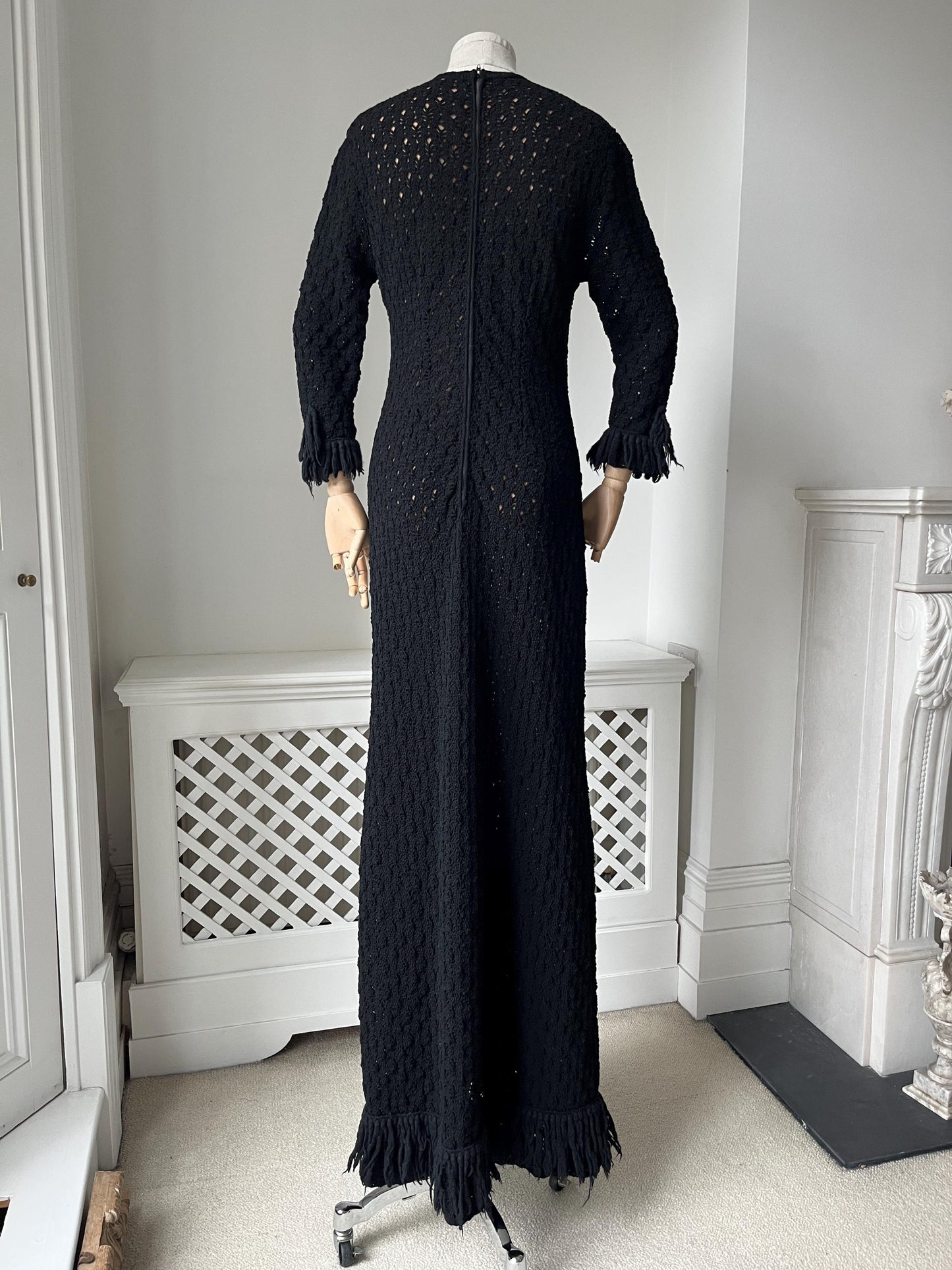 1960s Black Crochet Knit Nude Illusion Maxi Dress