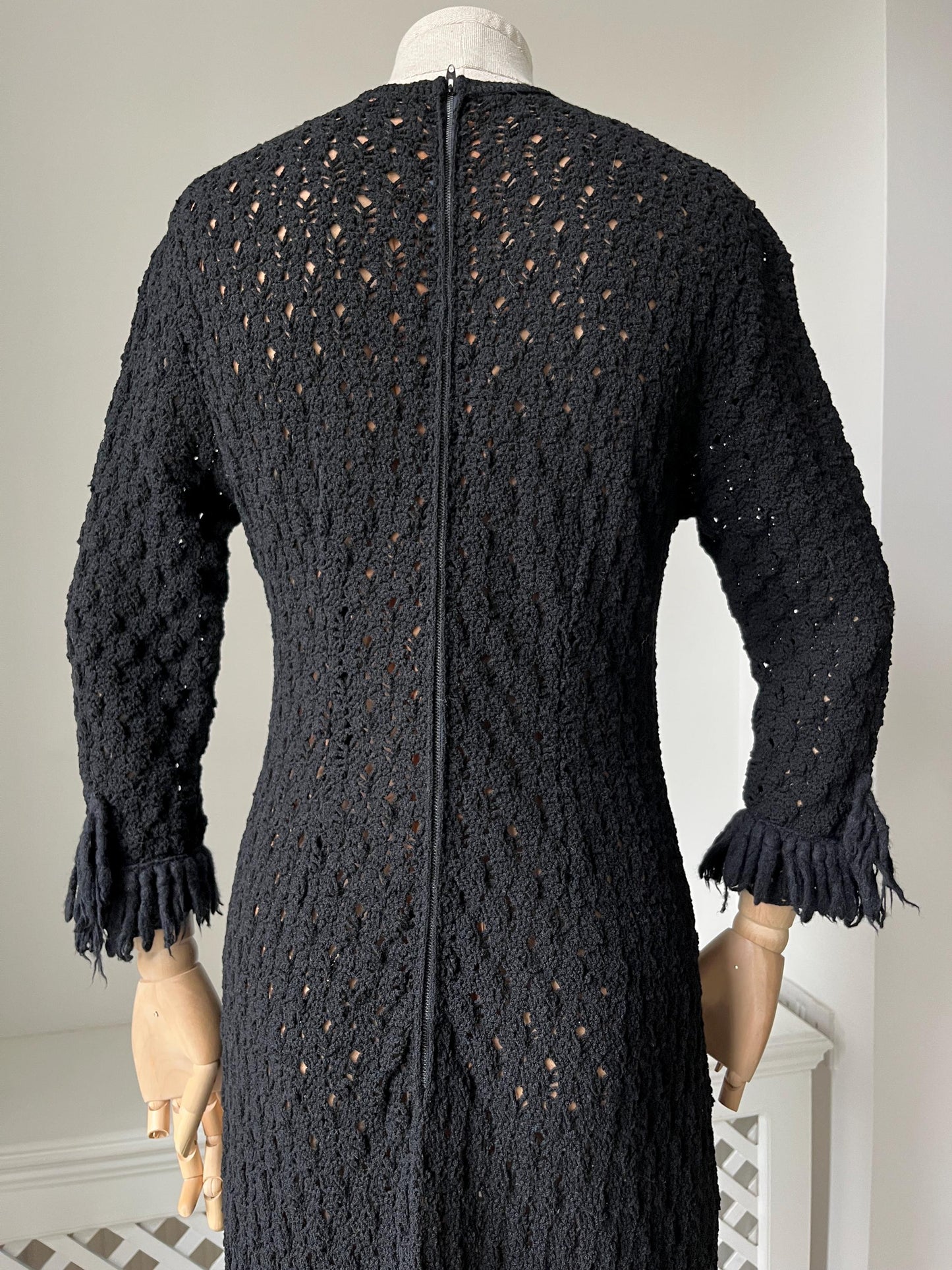 1960s Black Crochet Knit Nude Illusion Maxi Dress