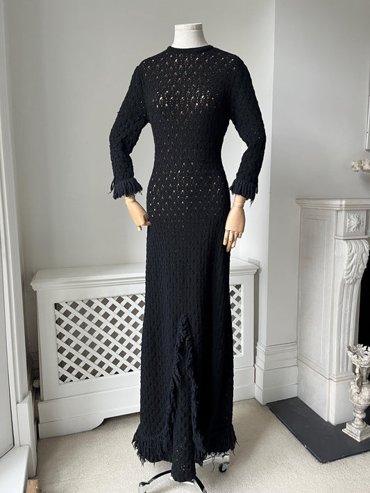 1960s Black Crochet Knit Nude Illusion Maxi Dress