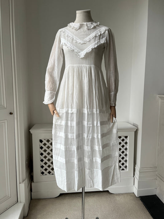 1900s Lawn Cotton Day Dress with Collar