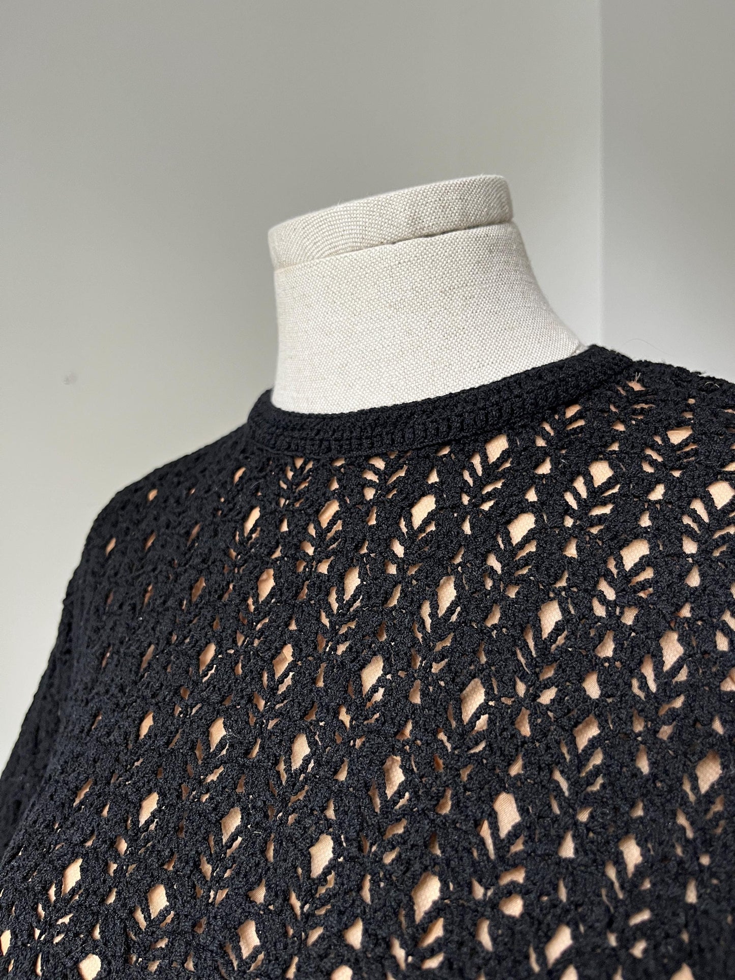 1960s Black Crochet Knit Nude Illusion Maxi Dress