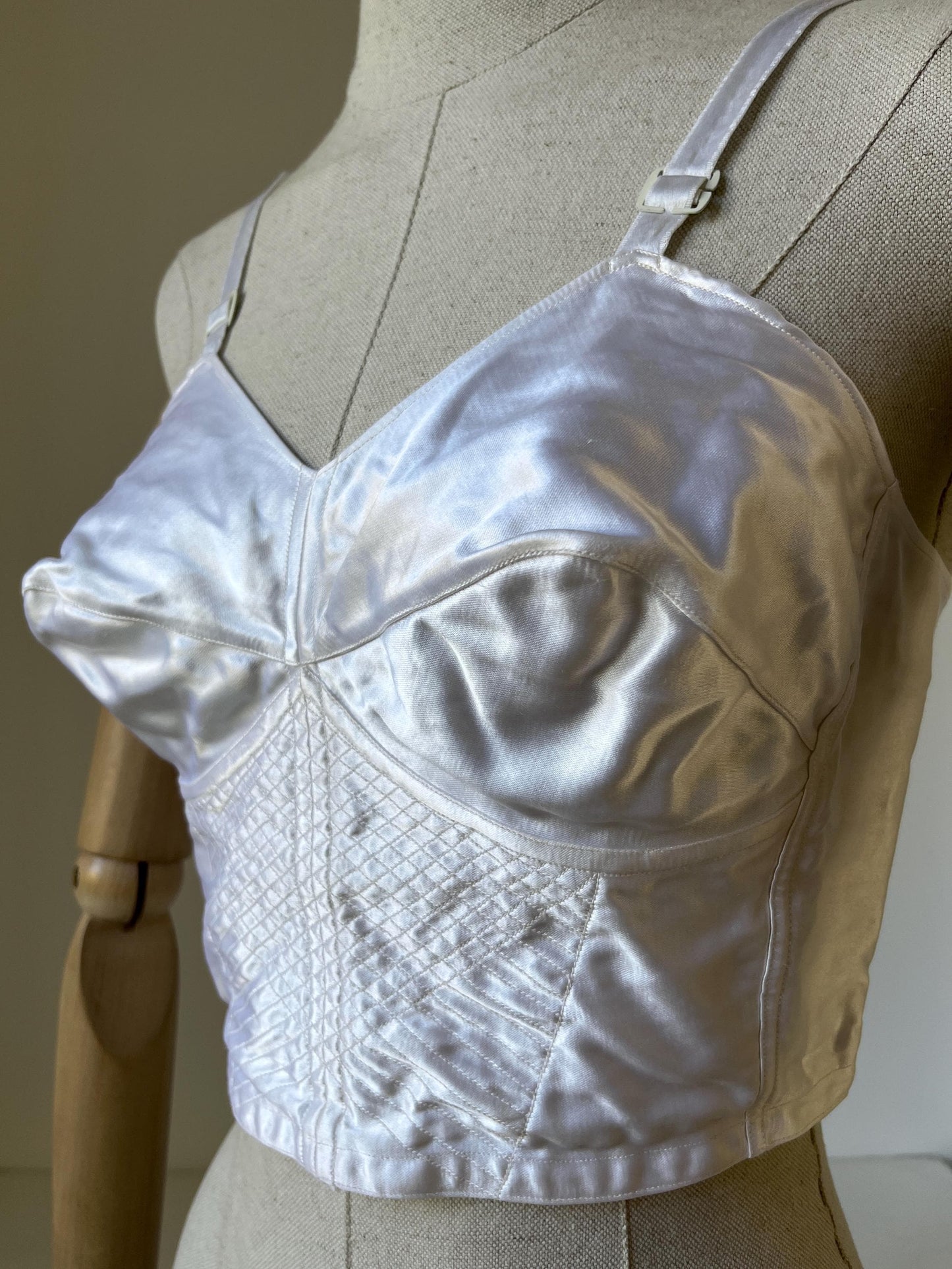 1950s White Gleaming Satin Bullet Bra