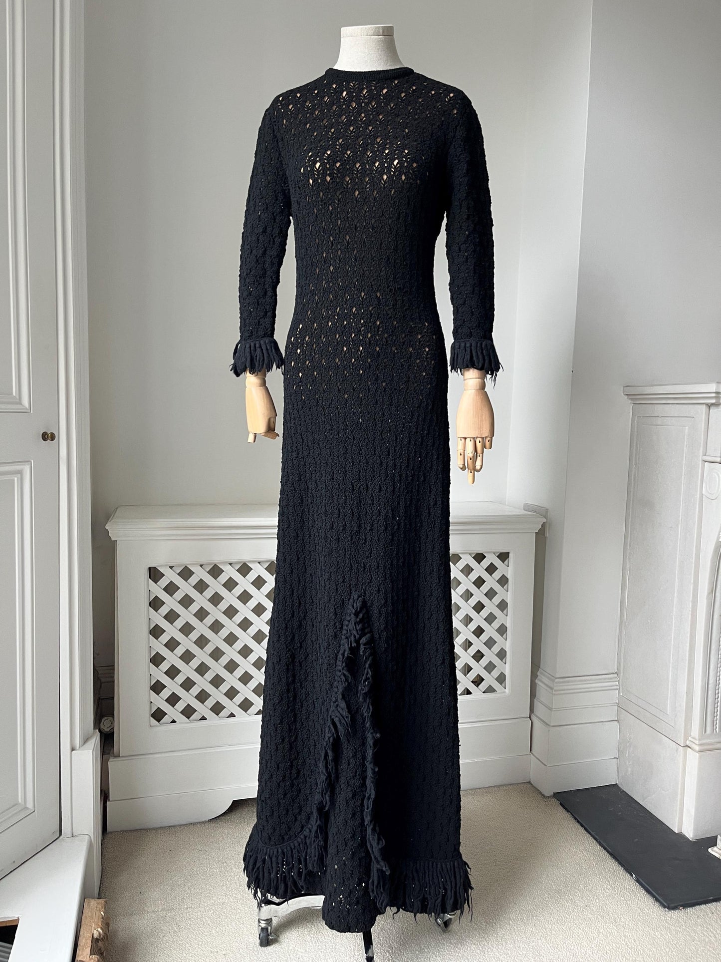 1960s Black Crochet Knit Nude Illusion Maxi Dress
