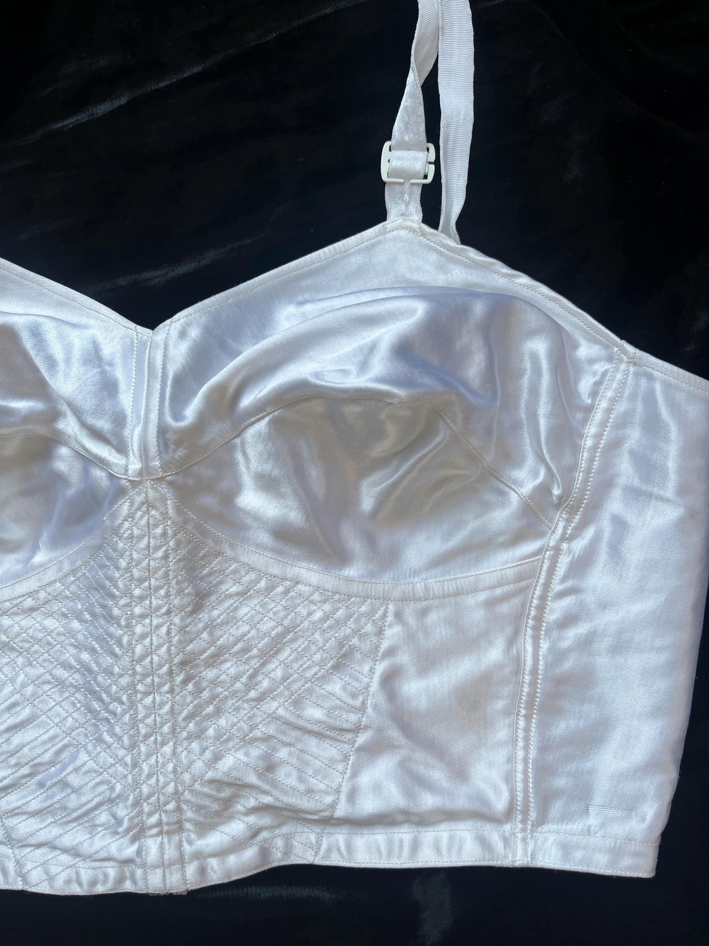 1950s White Gleaming Satin Bullet Bra