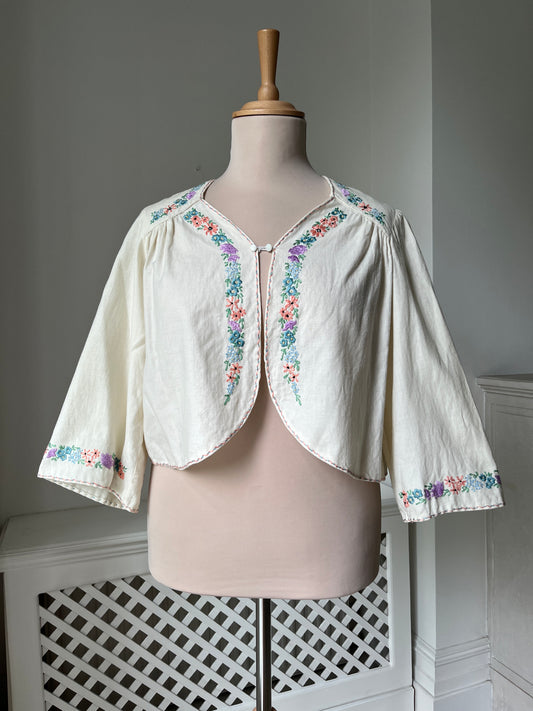 1940s Hand Embroidered Cotton Bed Jacket