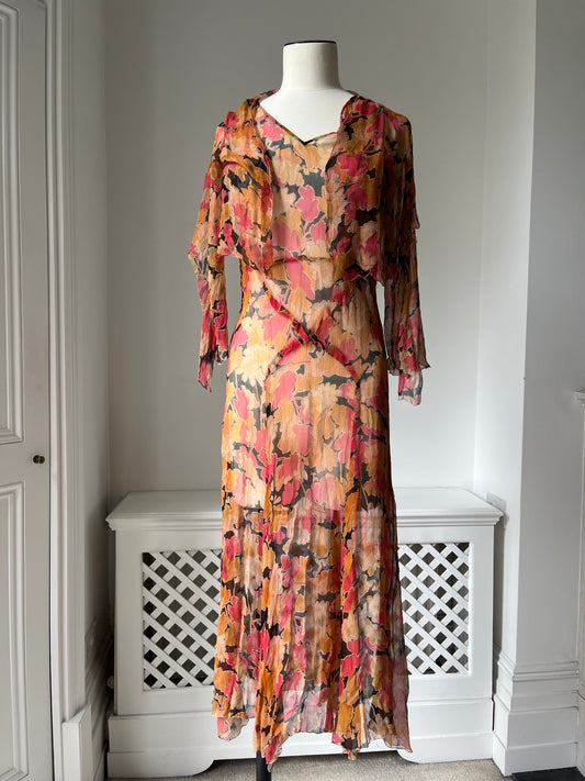 1930s Silk Chiffon Floral Dress Set