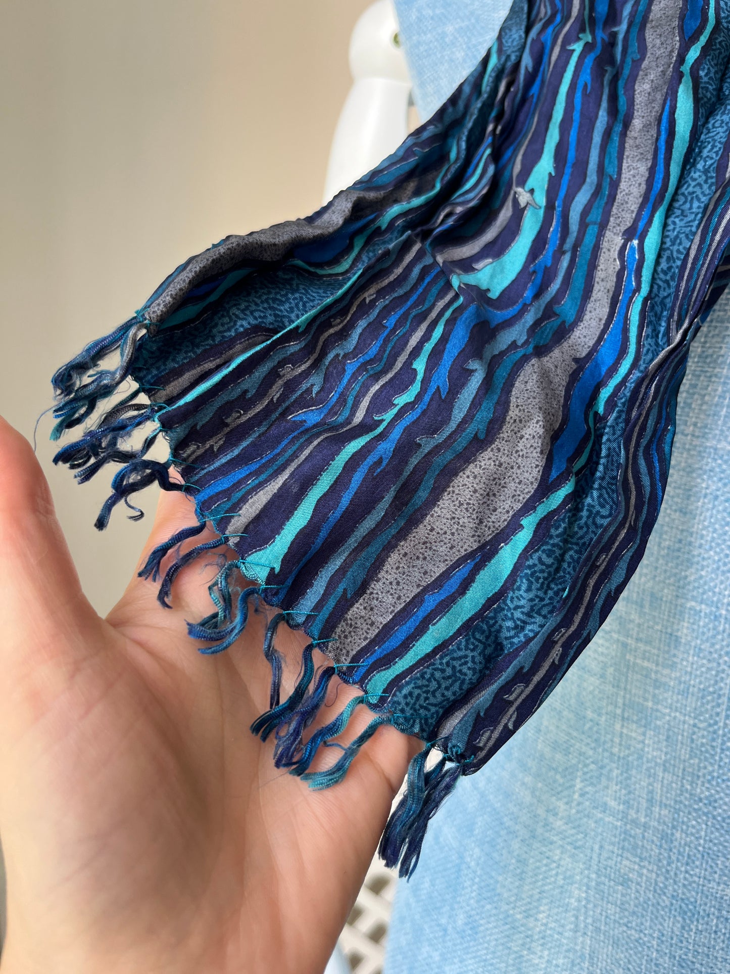 1970s Blue Striped Silk Scarf
