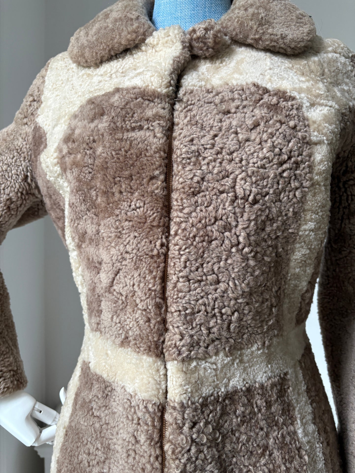1960s Brown & Cream Faux Shearling Coat