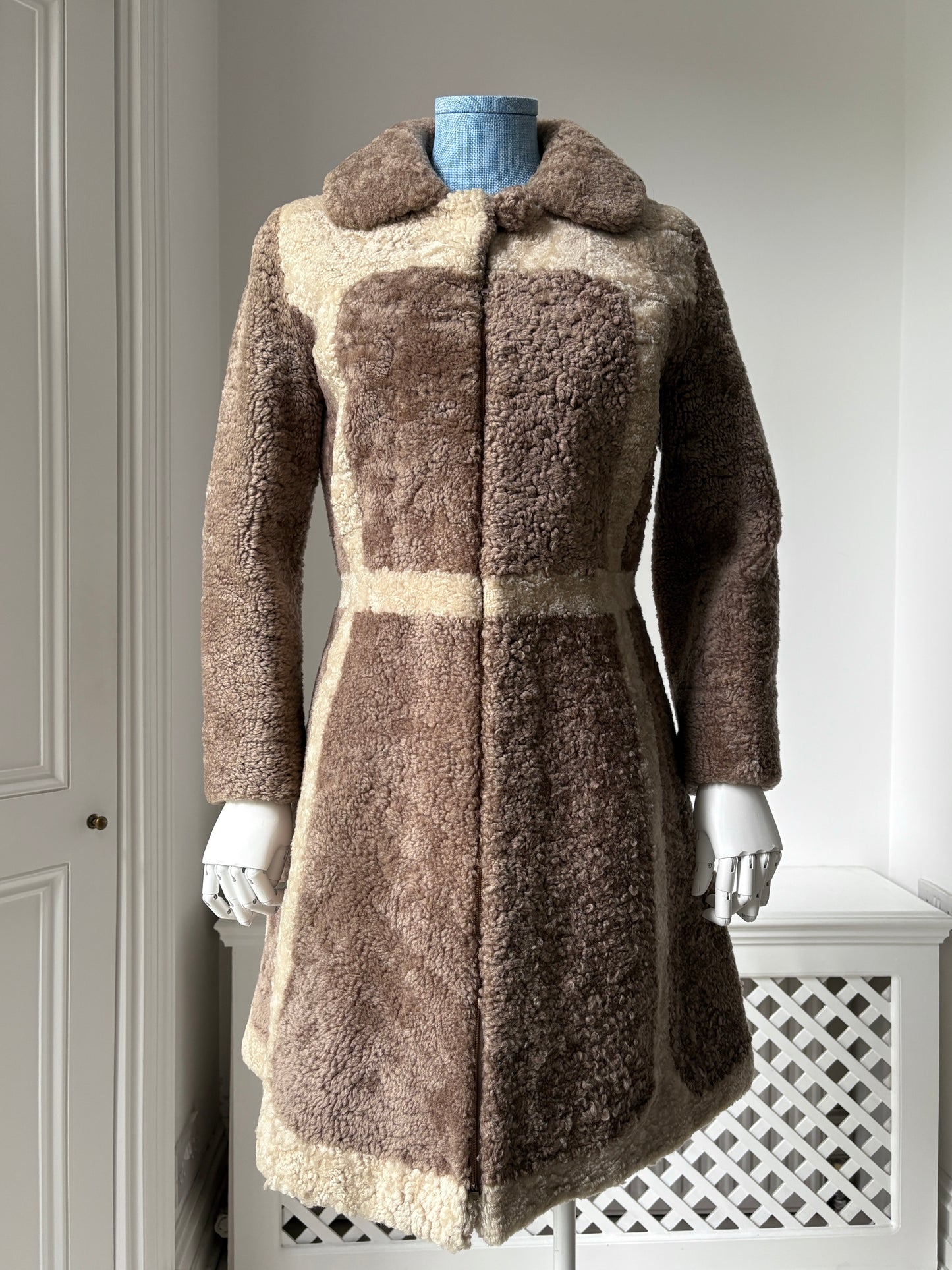 1960s Brown & Cream Faux Shearling Coat