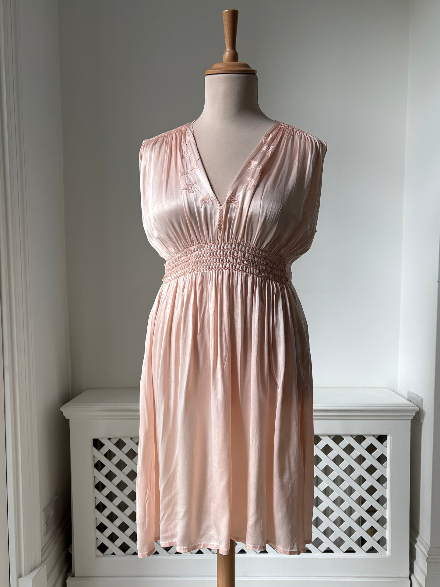 1940s Pink Satin Slip with Smocking