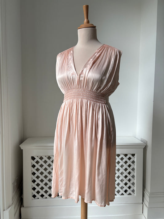 1940s Pink Satin Slip with Smocking