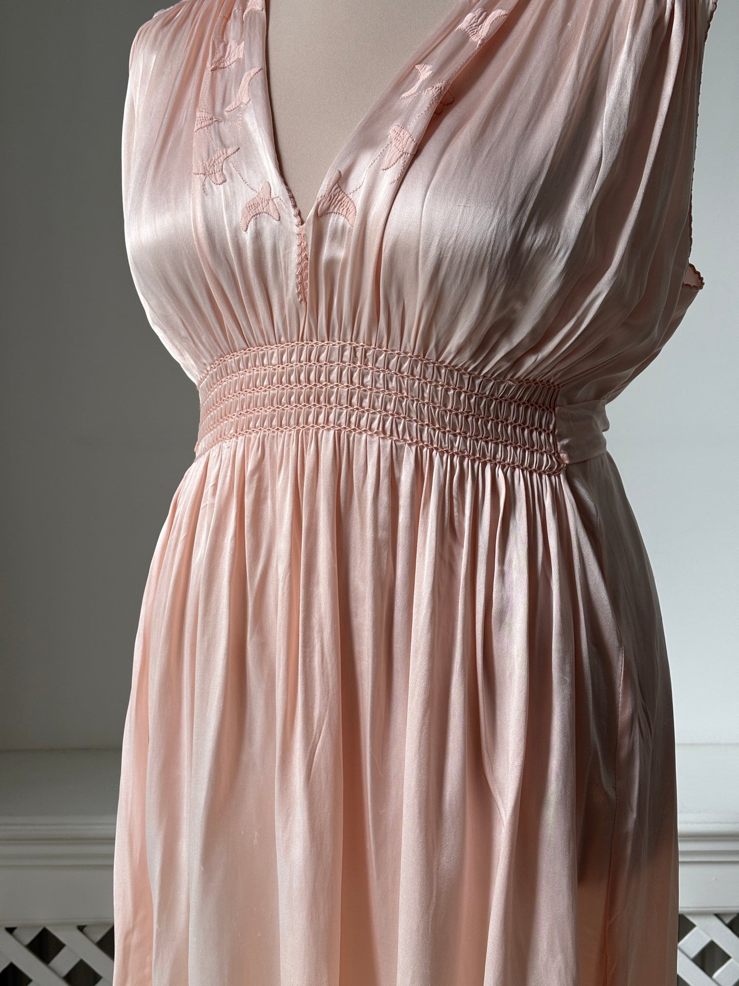 1940s Pink Satin Slip with Smocking