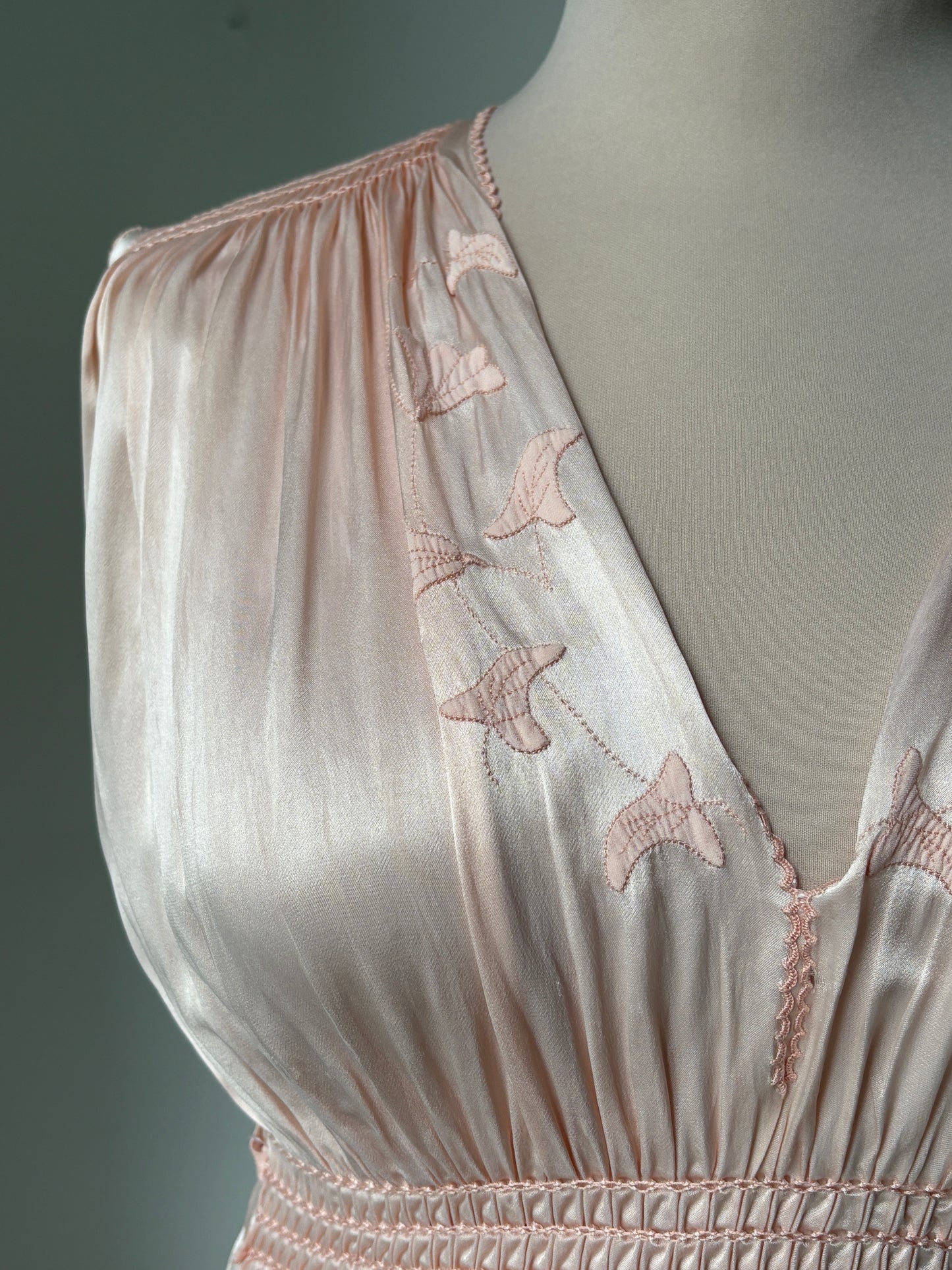 1940s Pink Satin Slip with Smocking