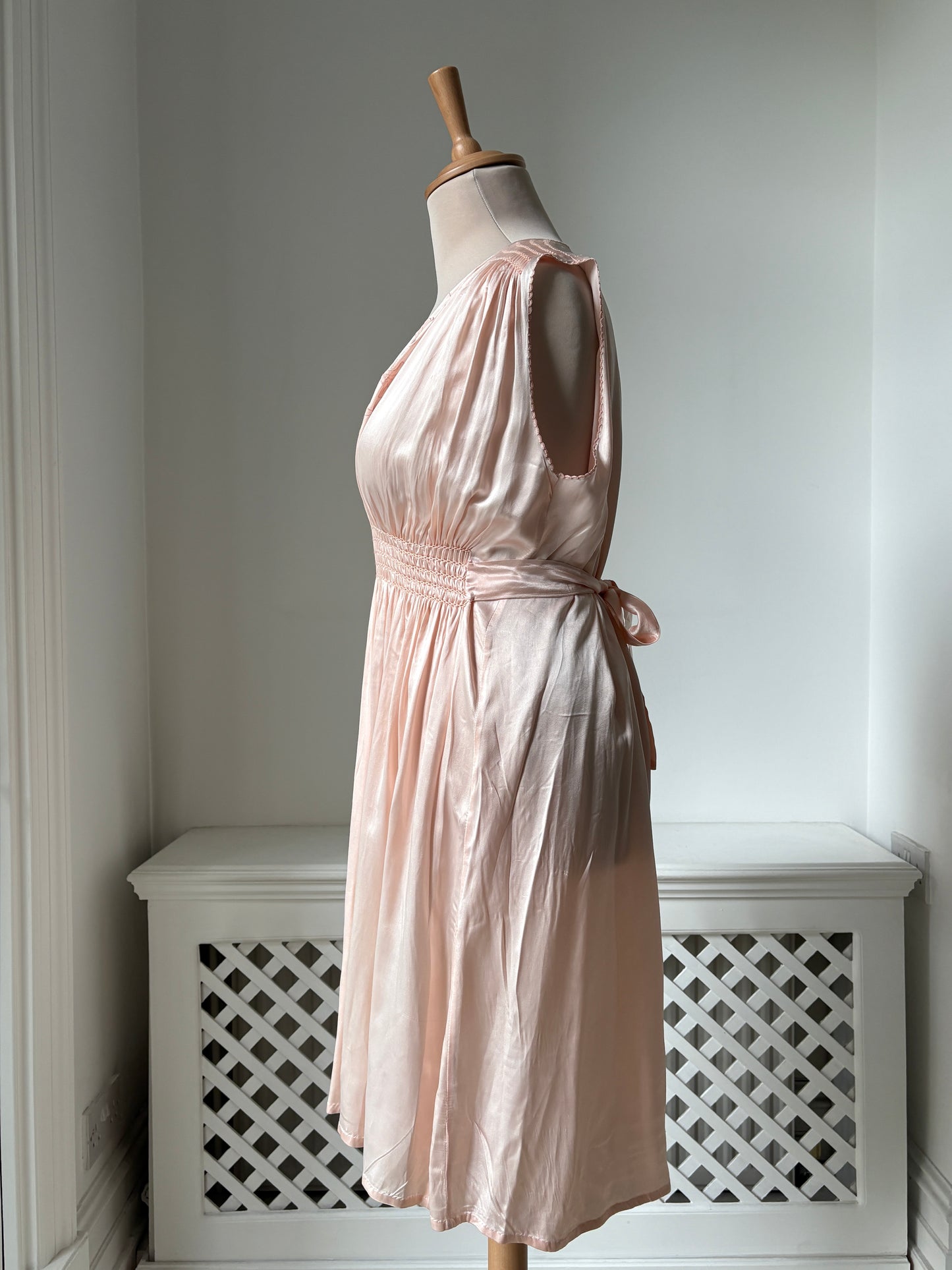 1940s Pink Satin Slip with Smocking