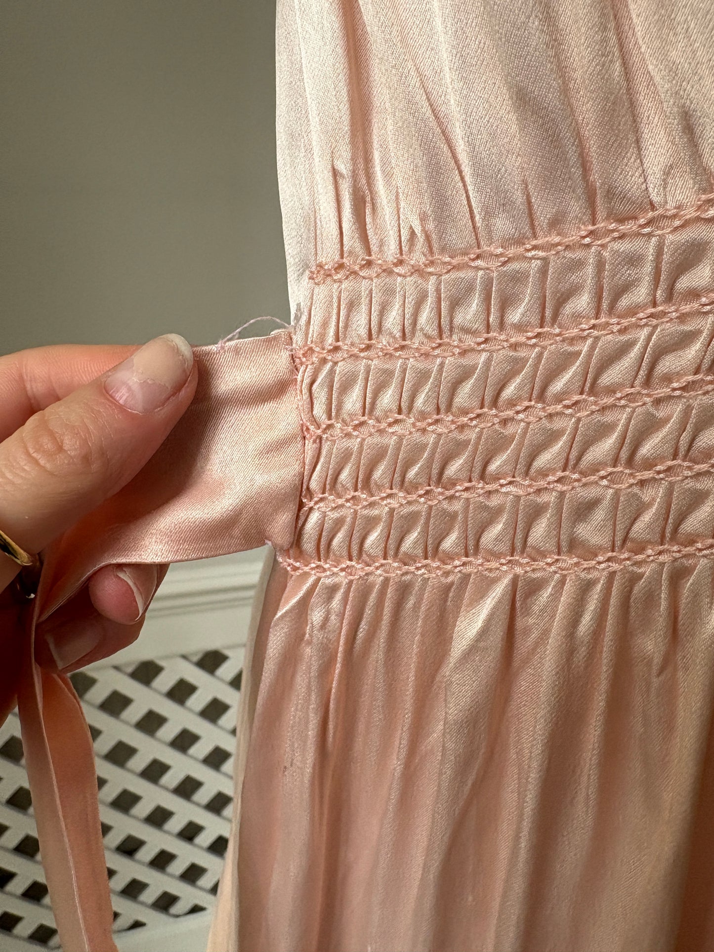 1940s Pink Satin Slip with Smocking