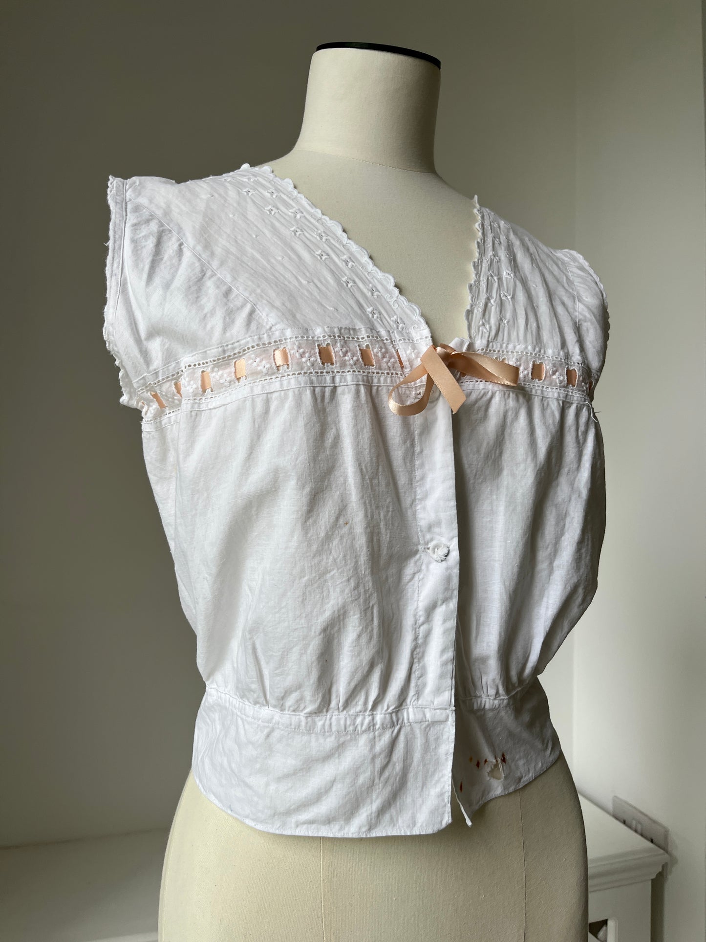 1910s Cotton Corset Cover with Pale Pink Ribbon