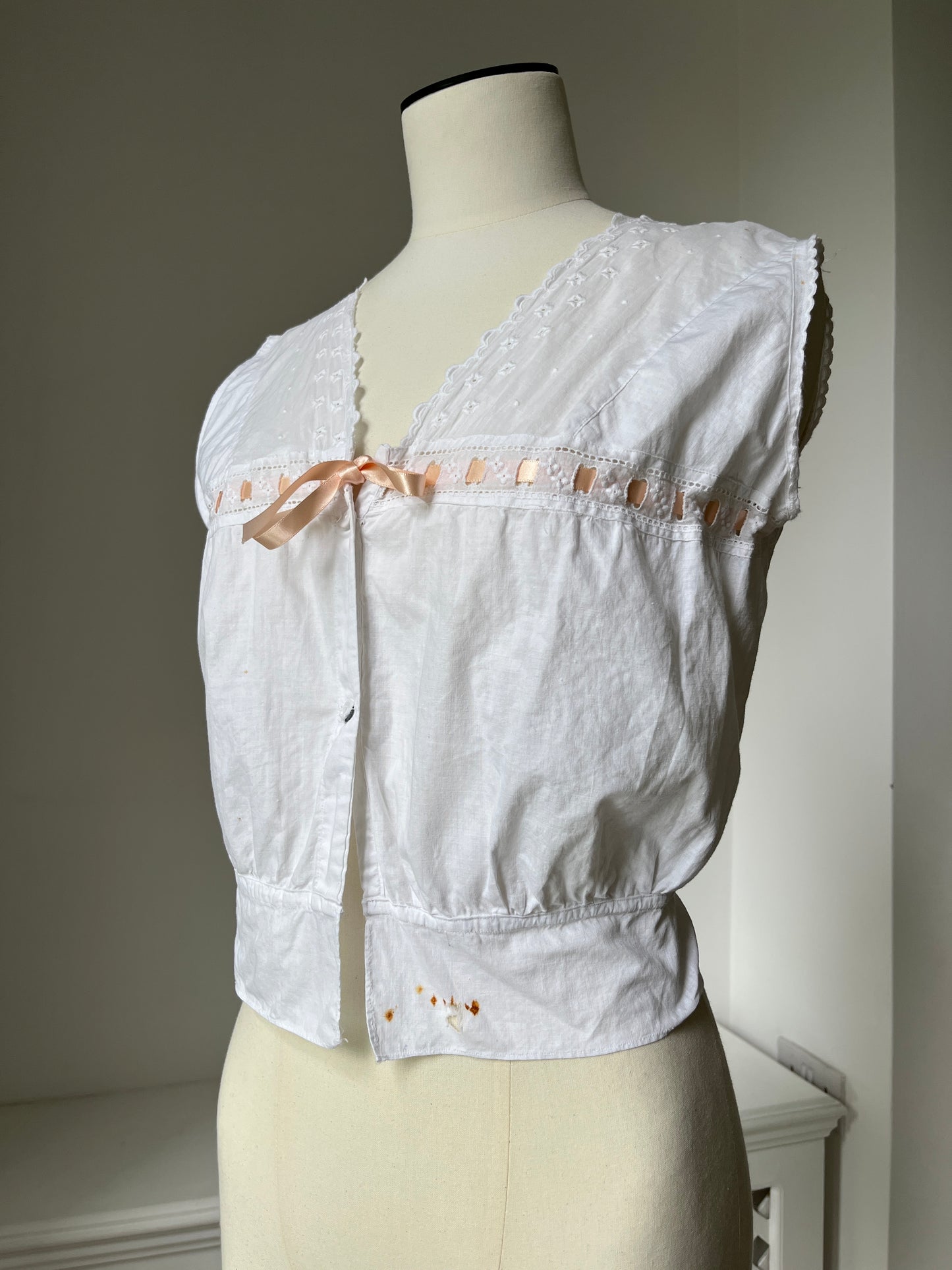1910s Cotton Corset Cover with Pale Pink Ribbon