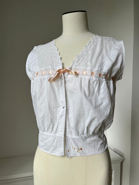 1910s Cotton Corset Cover with Pale Pink Ribbon