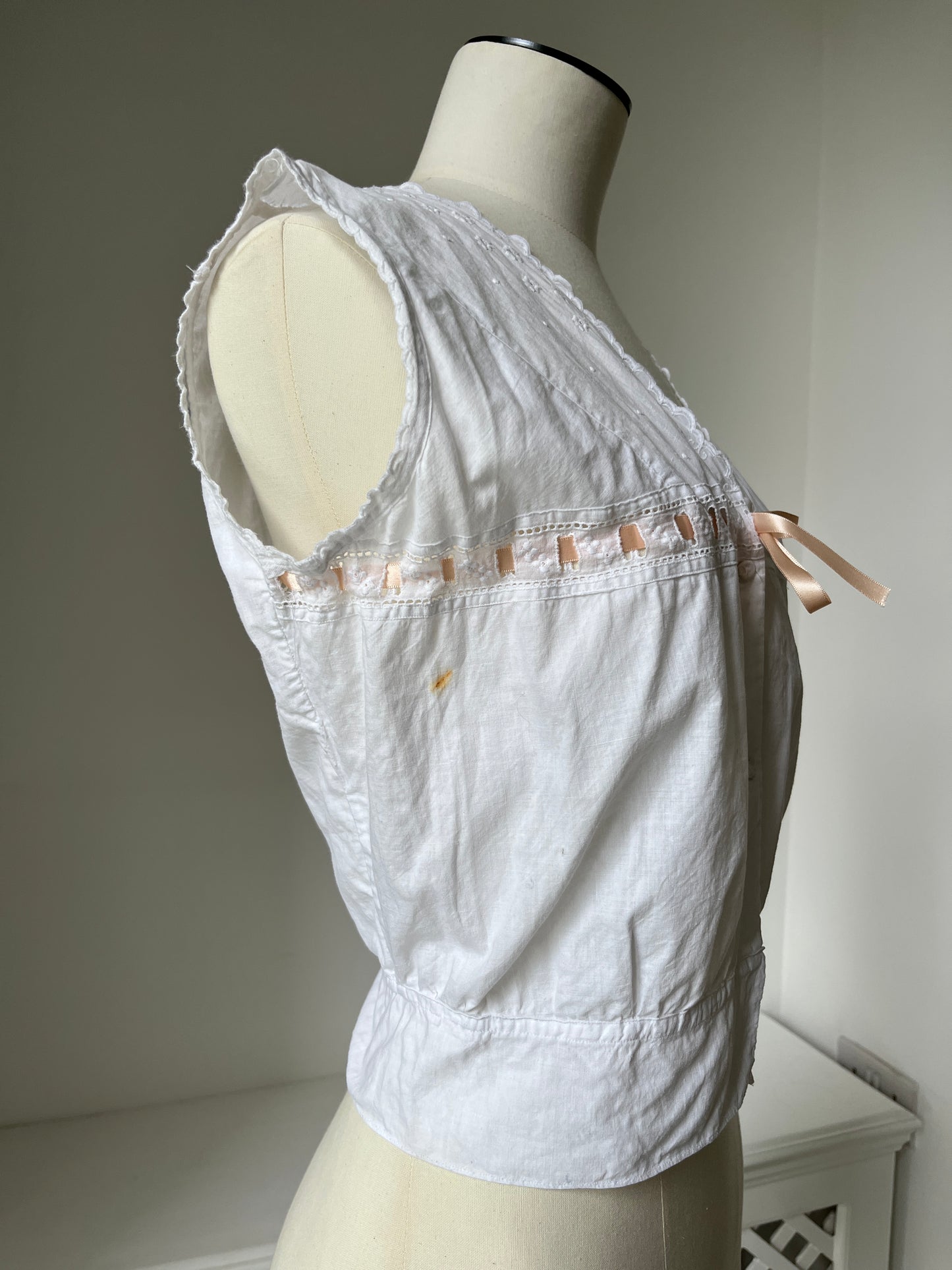1910s Cotton Corset Cover with Pale Pink Ribbon