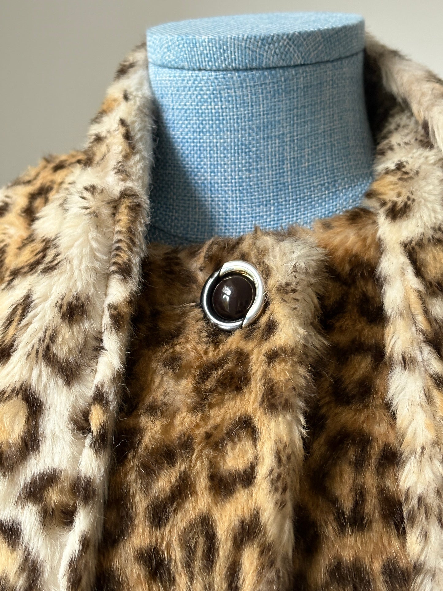1980s Faux Fur Leopard Coat with Attached Scarf