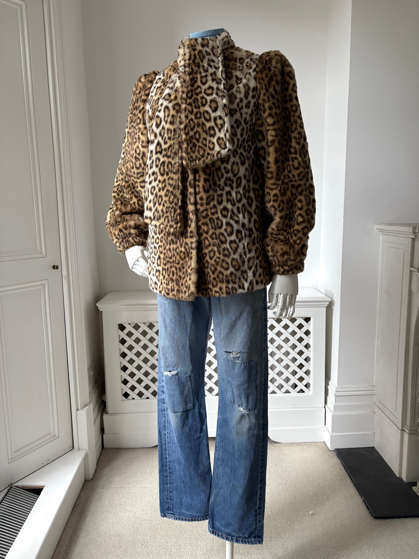 1980s Faux Fur Leopard Coat with Attached Scarf