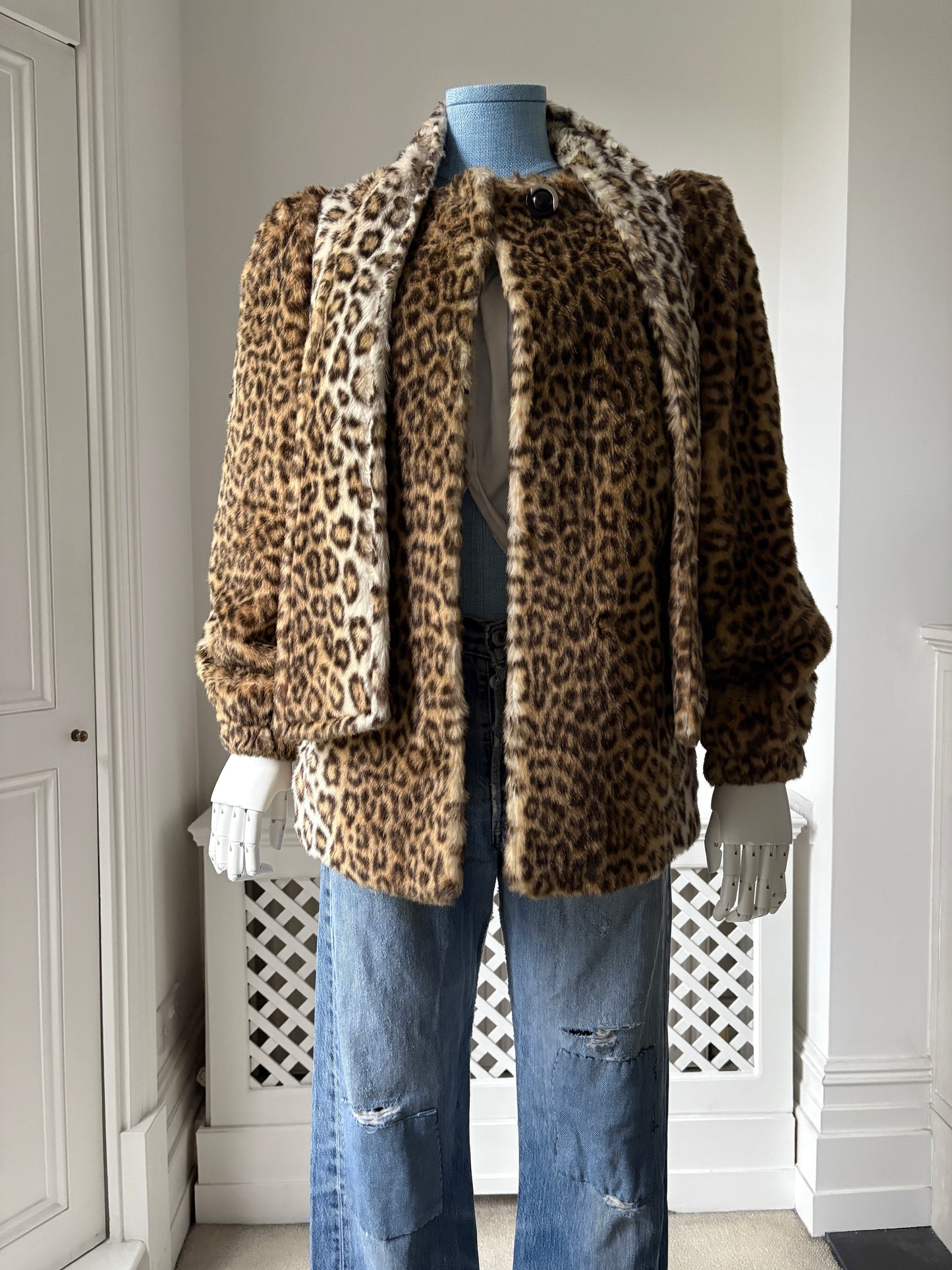 1980s Faux Fur Leopard Coat with Attached Scarf