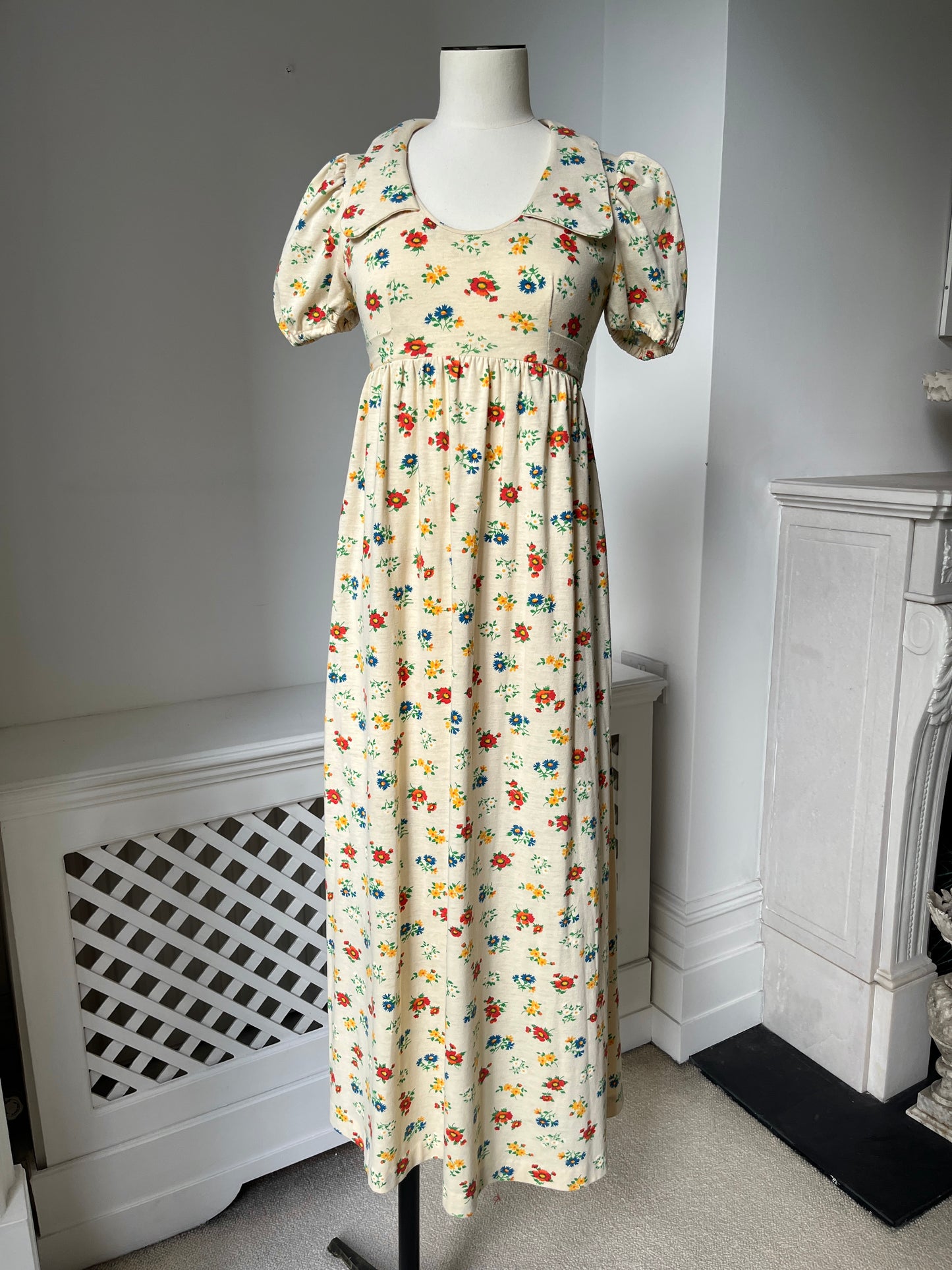 1970s Pale Yellow Ditsy Babydoll Dress