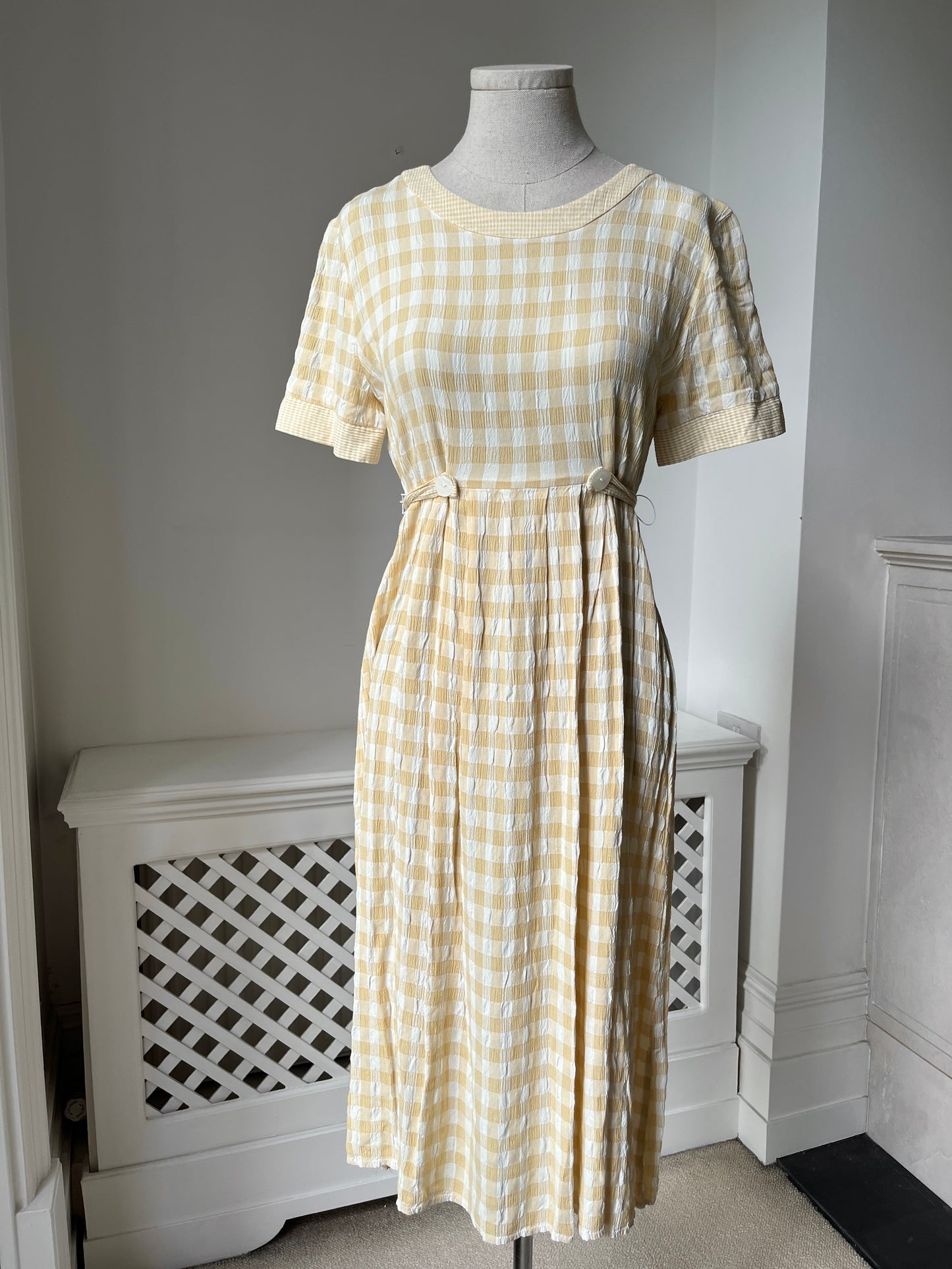 1990s Pale Yellow Gingham Dress