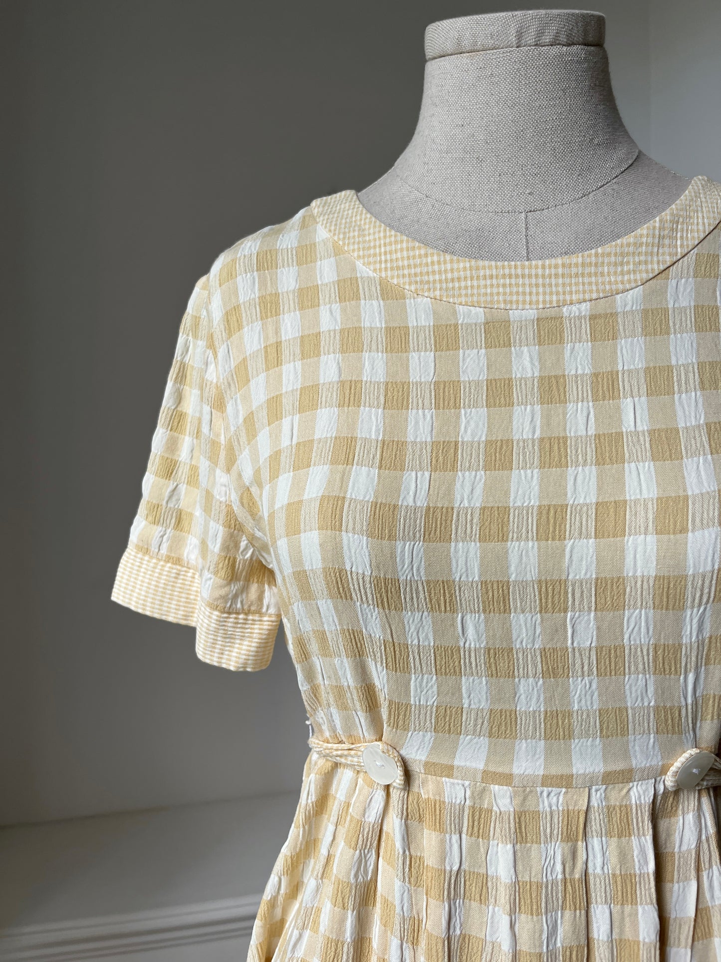 1990s Pale Yellow Gingham Dress