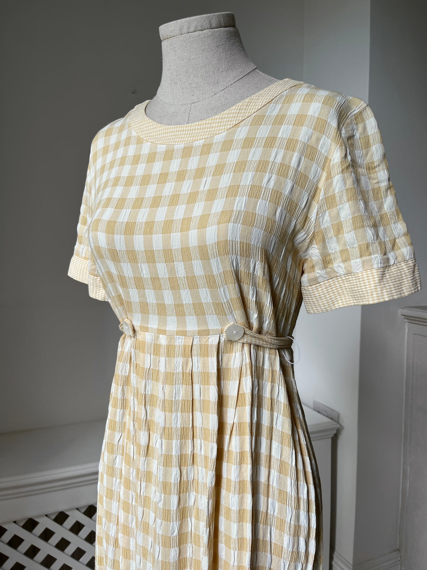 1990s Pale Yellow Gingham Dress