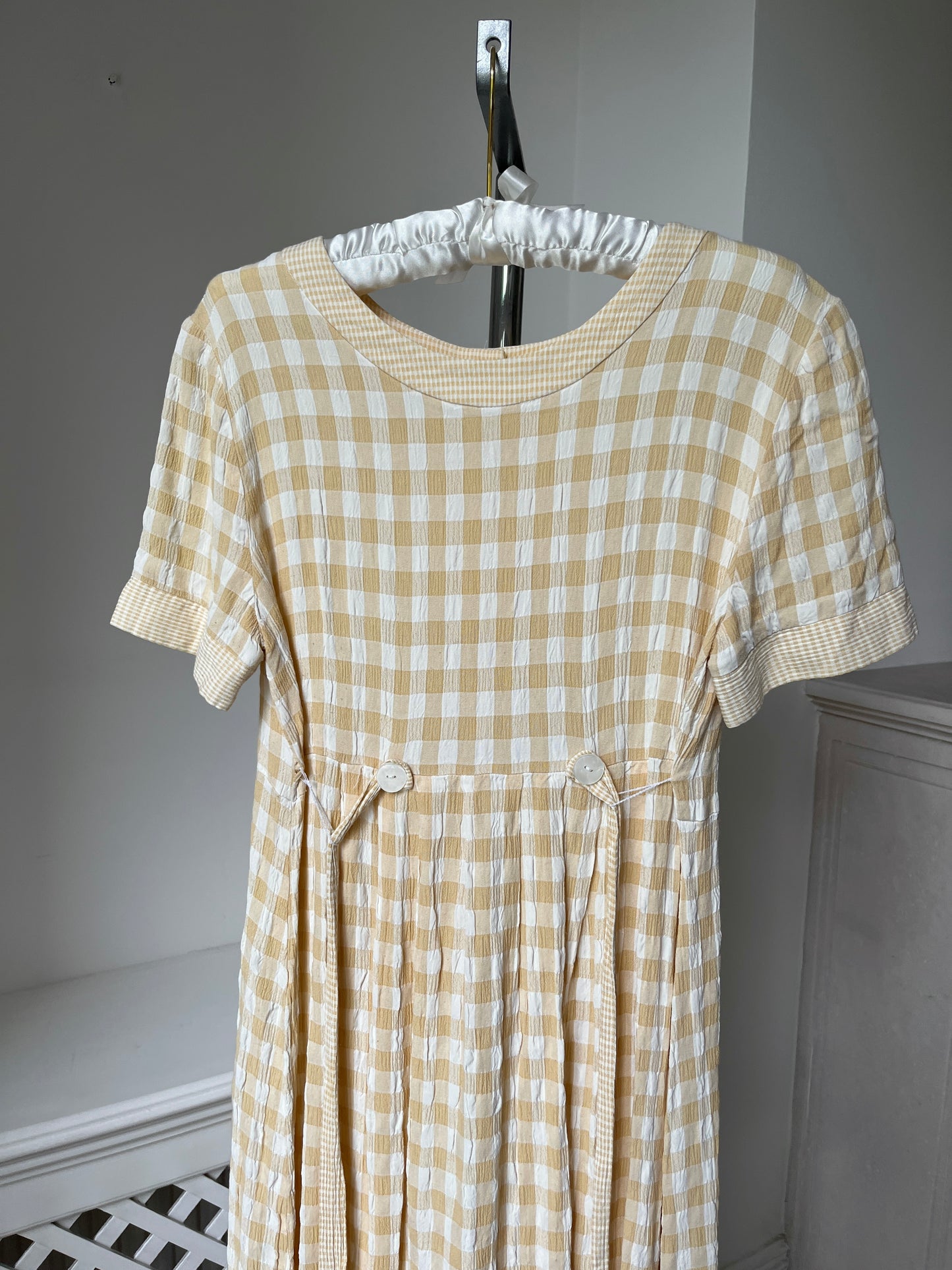 1990s Pale Yellow Gingham Dress