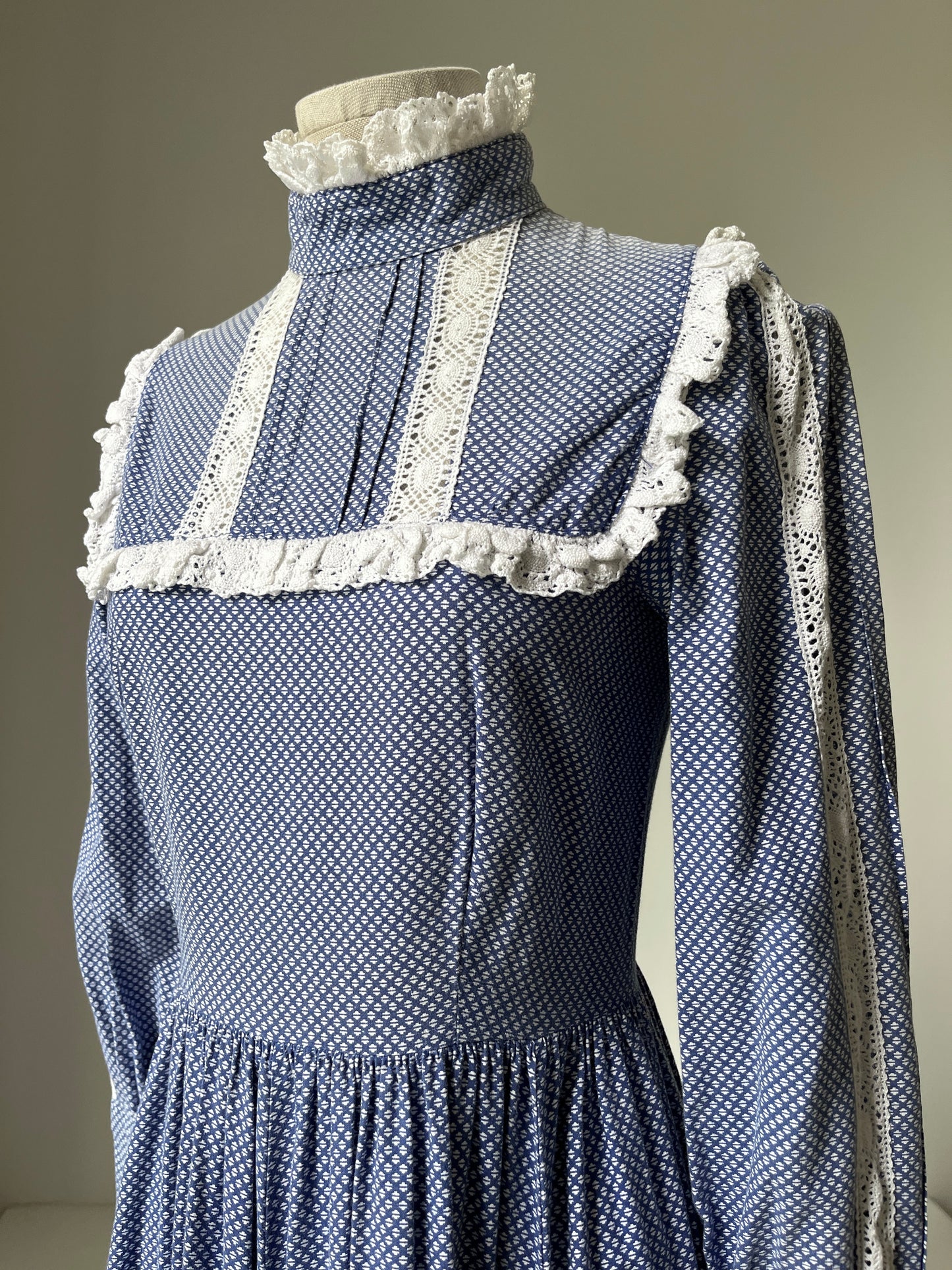 1970s 'Laura Ashley' Blue Prairie High Neck Dress