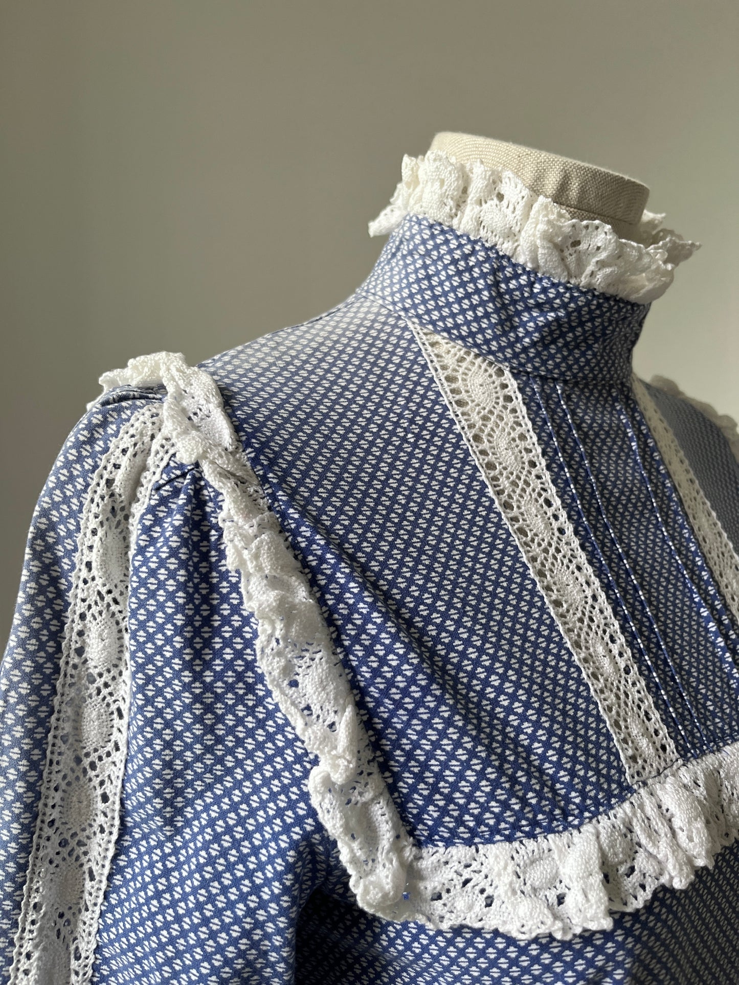 1970s 'Laura Ashley' Blue Prairie High Neck Dress