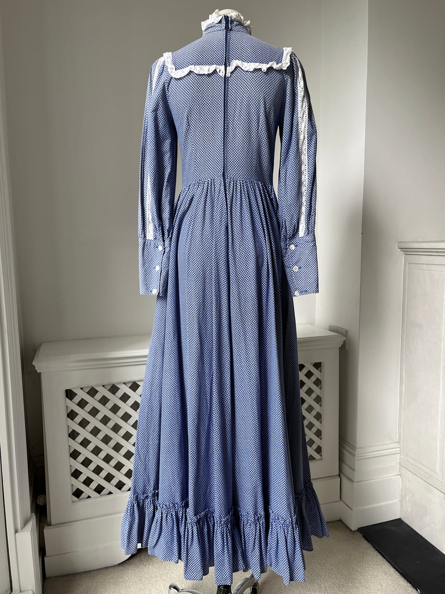 1970s 'Laura Ashley' Blue Prairie High Neck Dress