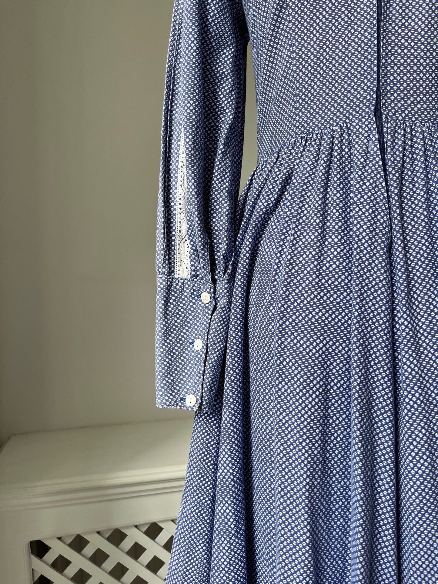 1970s 'Laura Ashley' Blue Prairie High Neck Dress