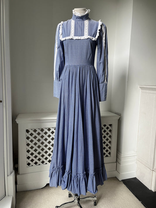 1970s 'Laura Ashley' Blue Prairie High Neck Dress