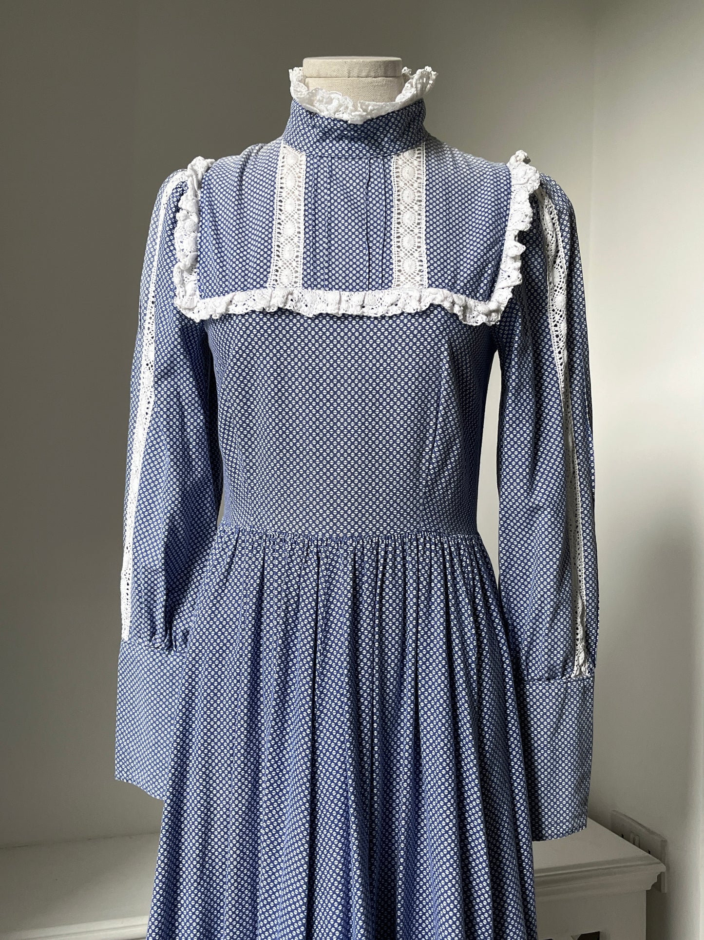 1970s 'Laura Ashley' Blue Prairie High Neck Dress