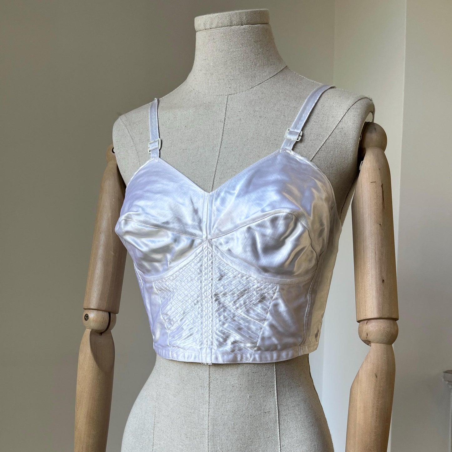 1950s White Gleaming Satin Bullet Bra