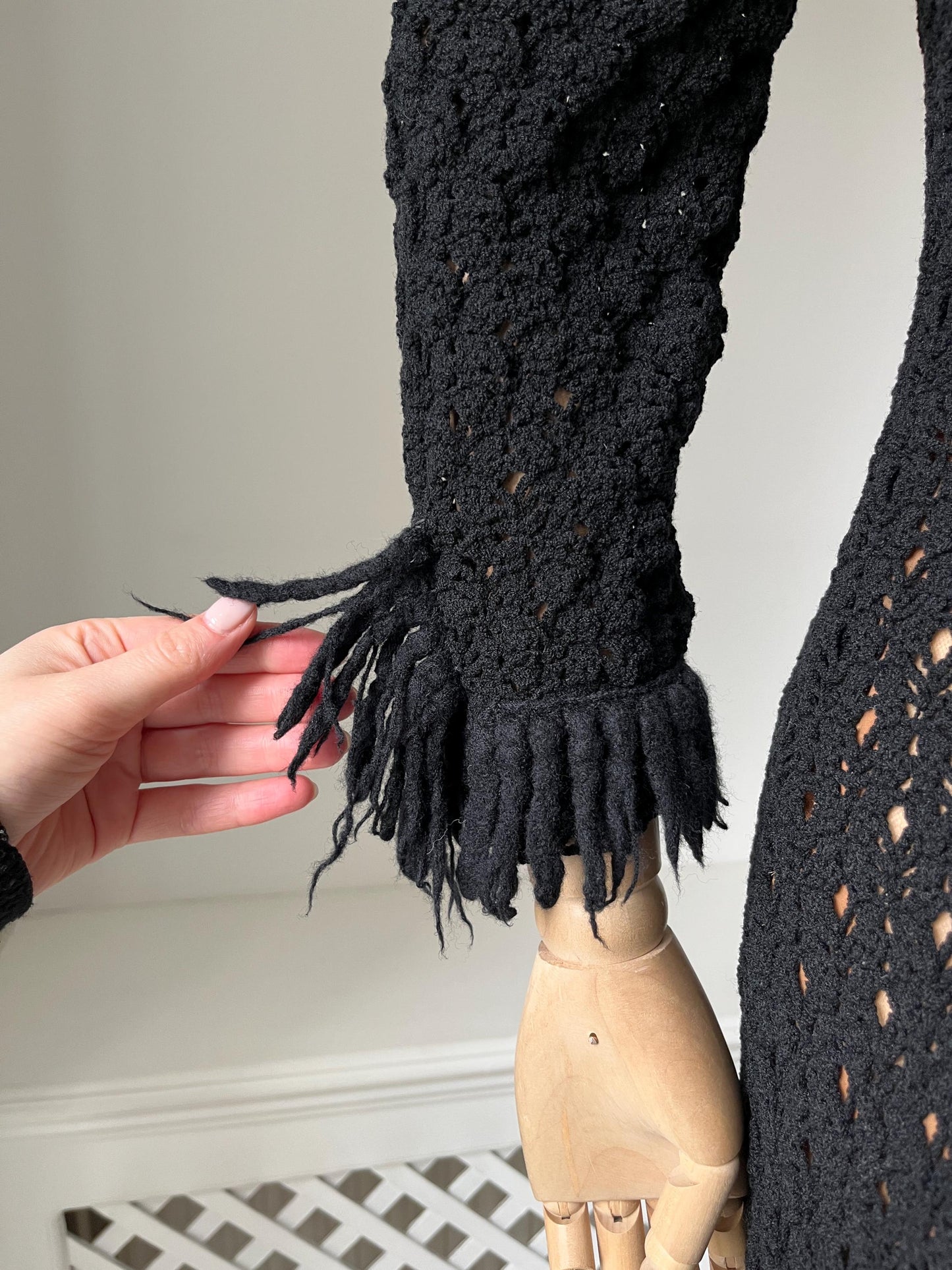 1960s Black Crochet Knit Nude Illusion Maxi Dress