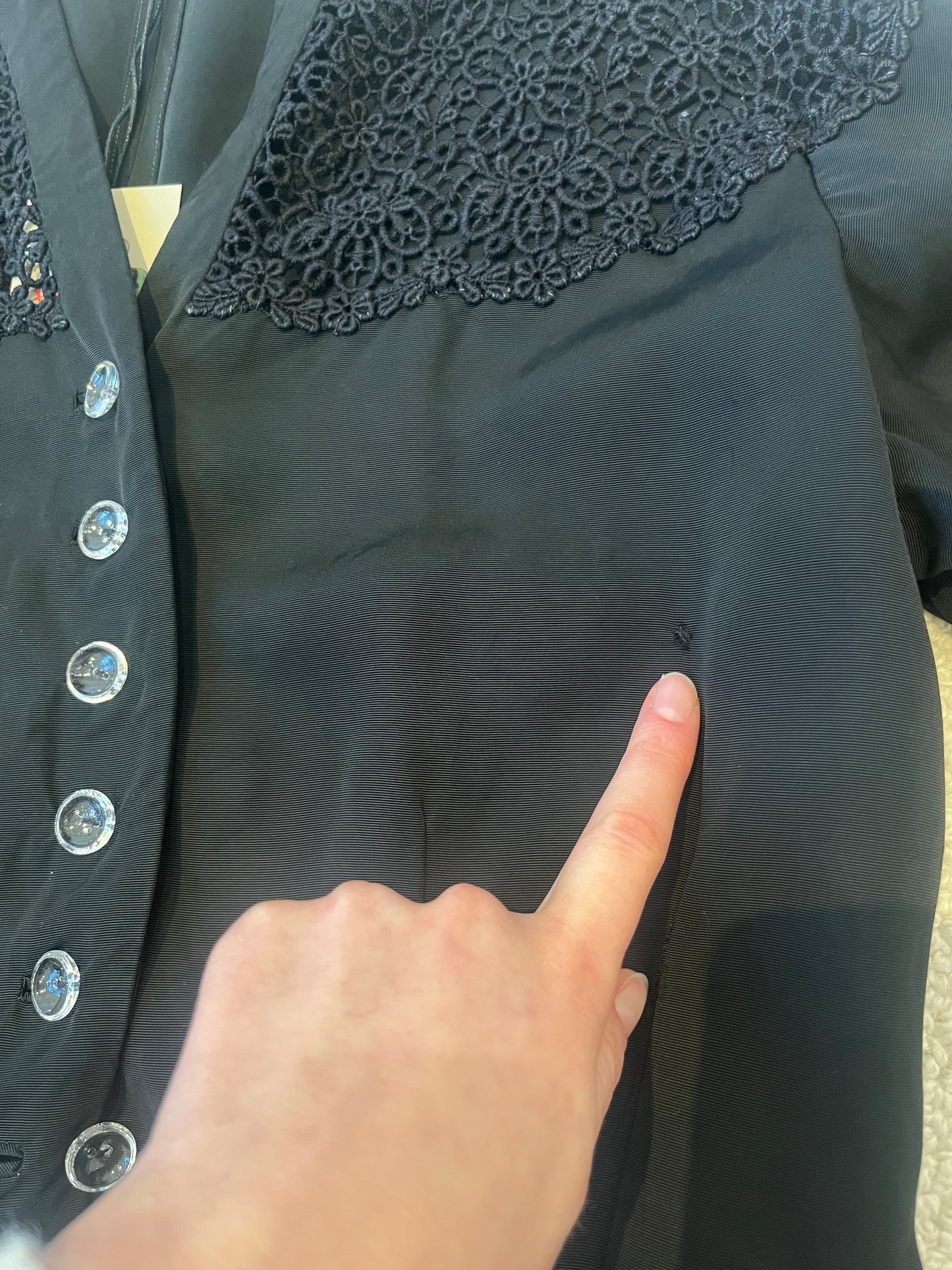 1950s Homemade Black Jacket with Cotton Guipure Lace