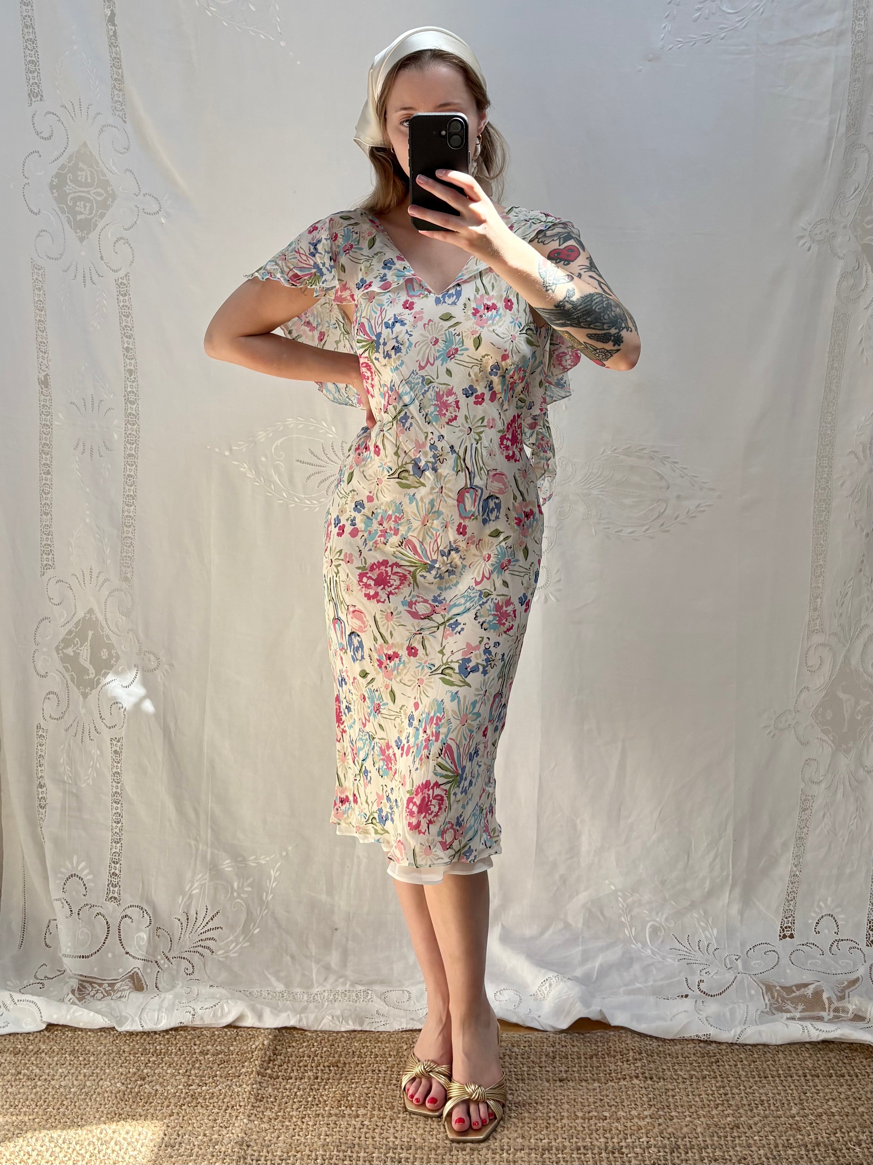 2000s Pure Silk Floral Dress with Caped Back
