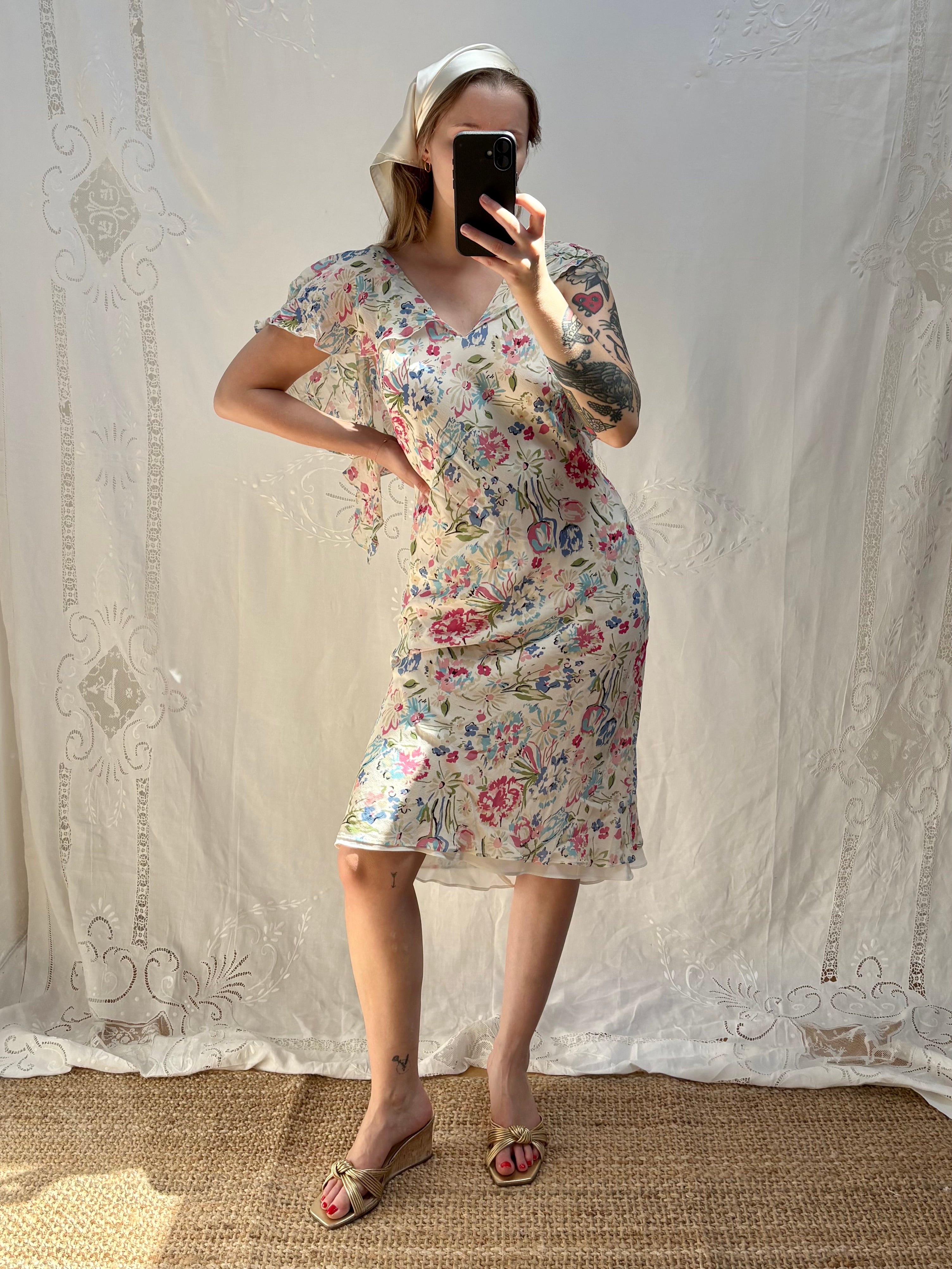 2000s Pure Silk Floral Dress with Caped Back