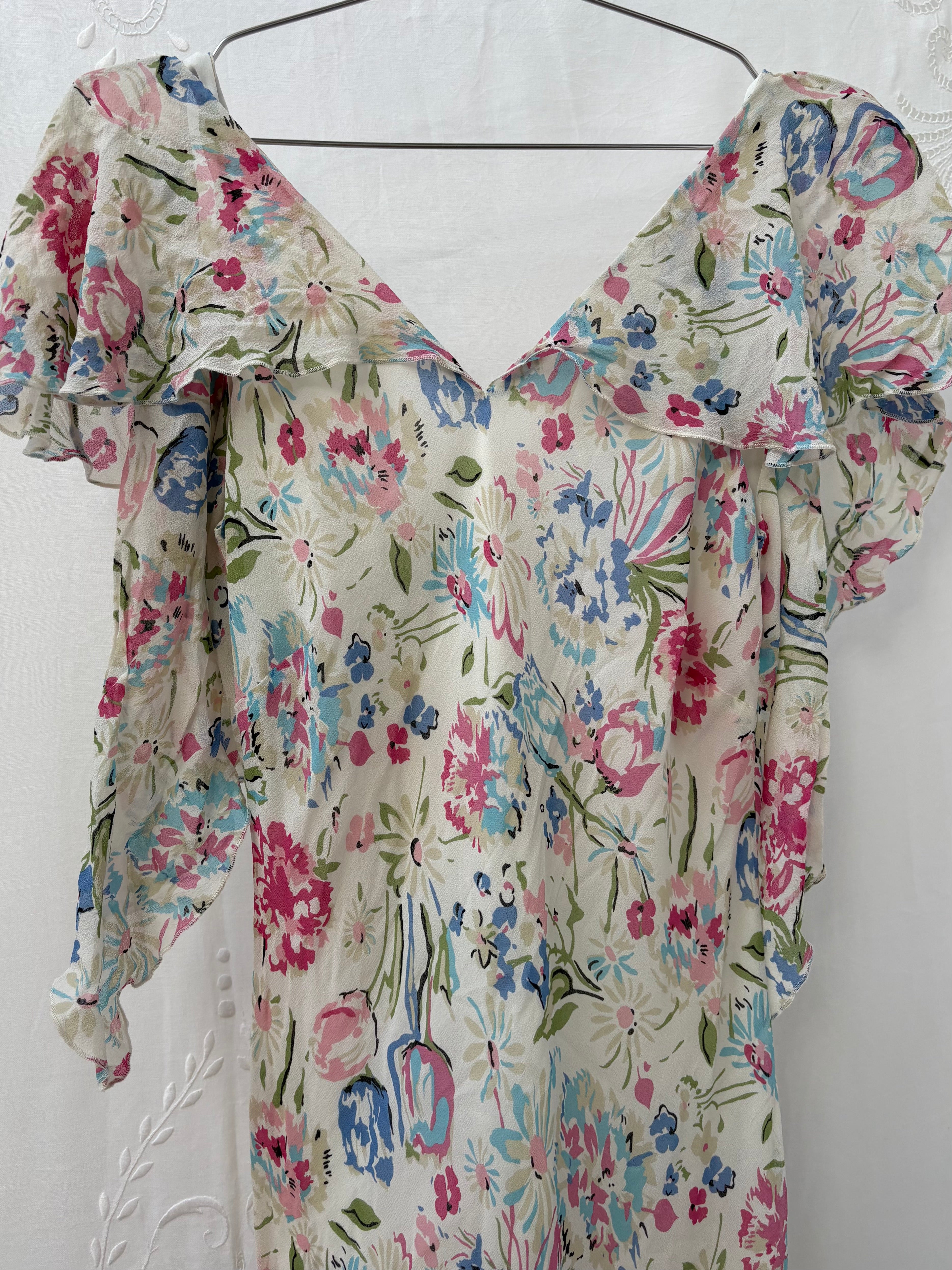 2000s Pure Silk Floral Dress with Caped Back