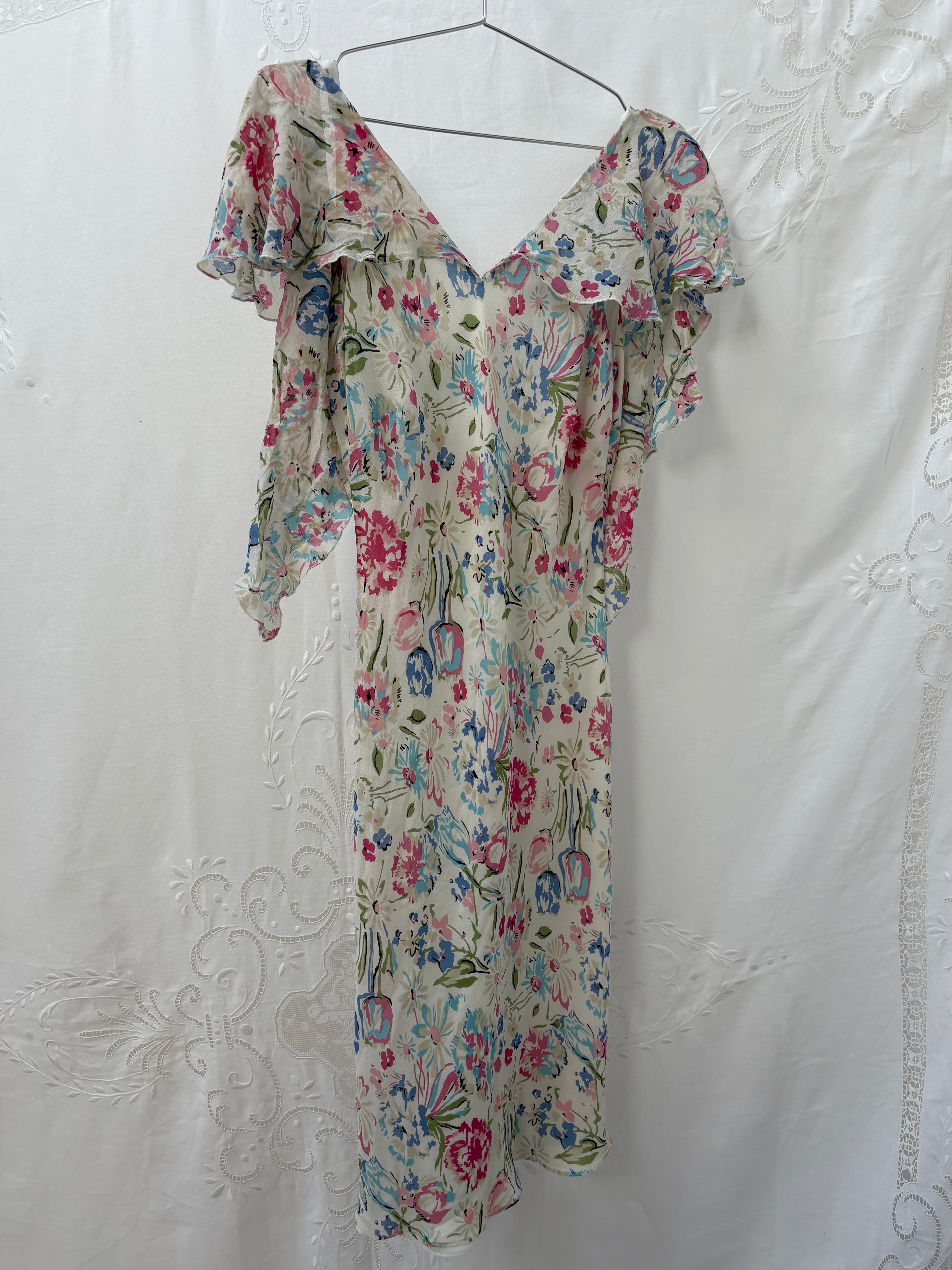 2000s Pure Silk Floral Dress with Caped Back