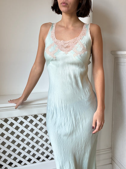 1930s Silk Icy Blue Bias Cut Nightdress Slip
