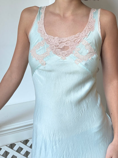 1930s Silk Icy Blue Bias Cut Nightdress Slip