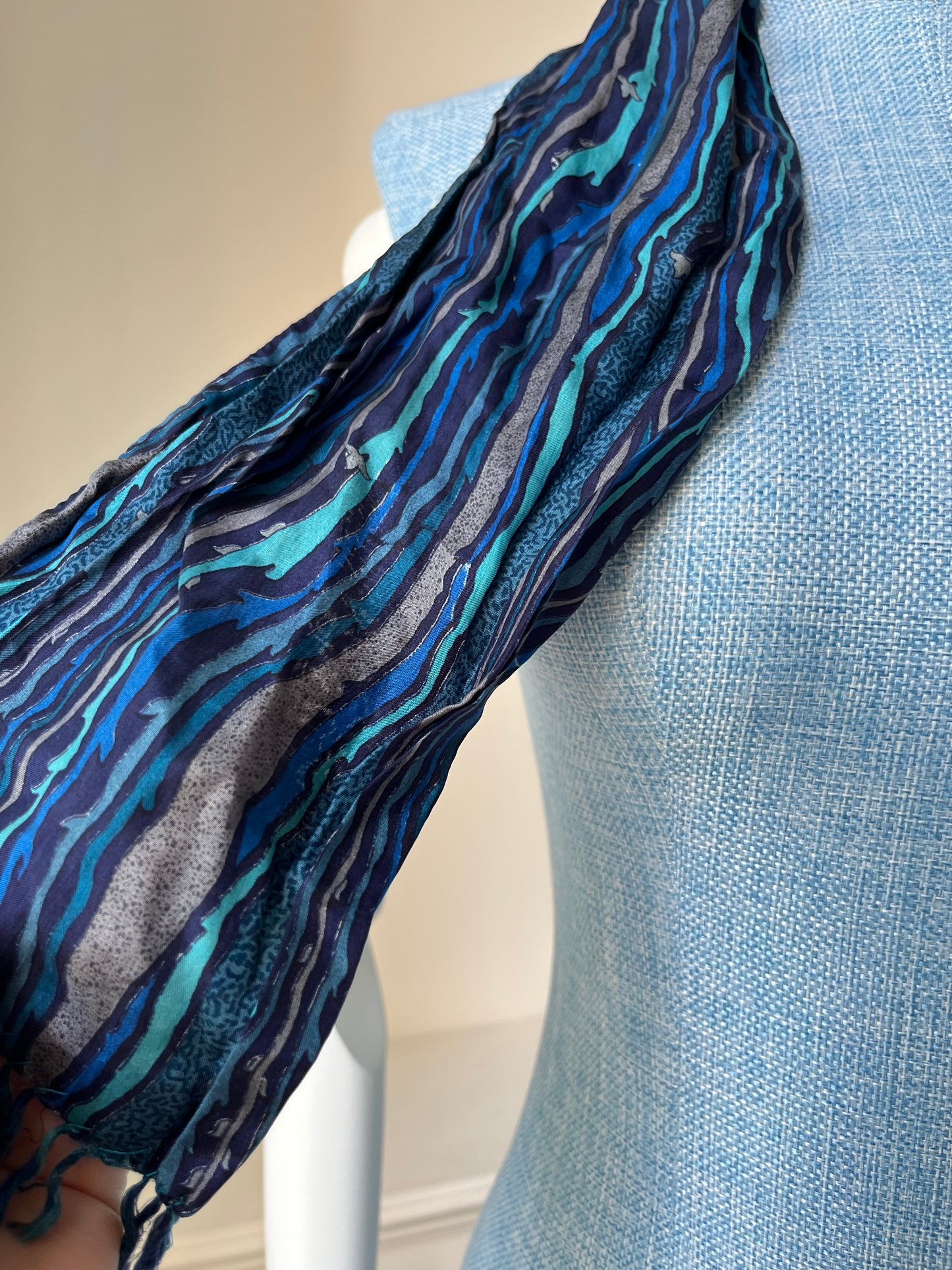 1970s Blue Striped Silk Scarf