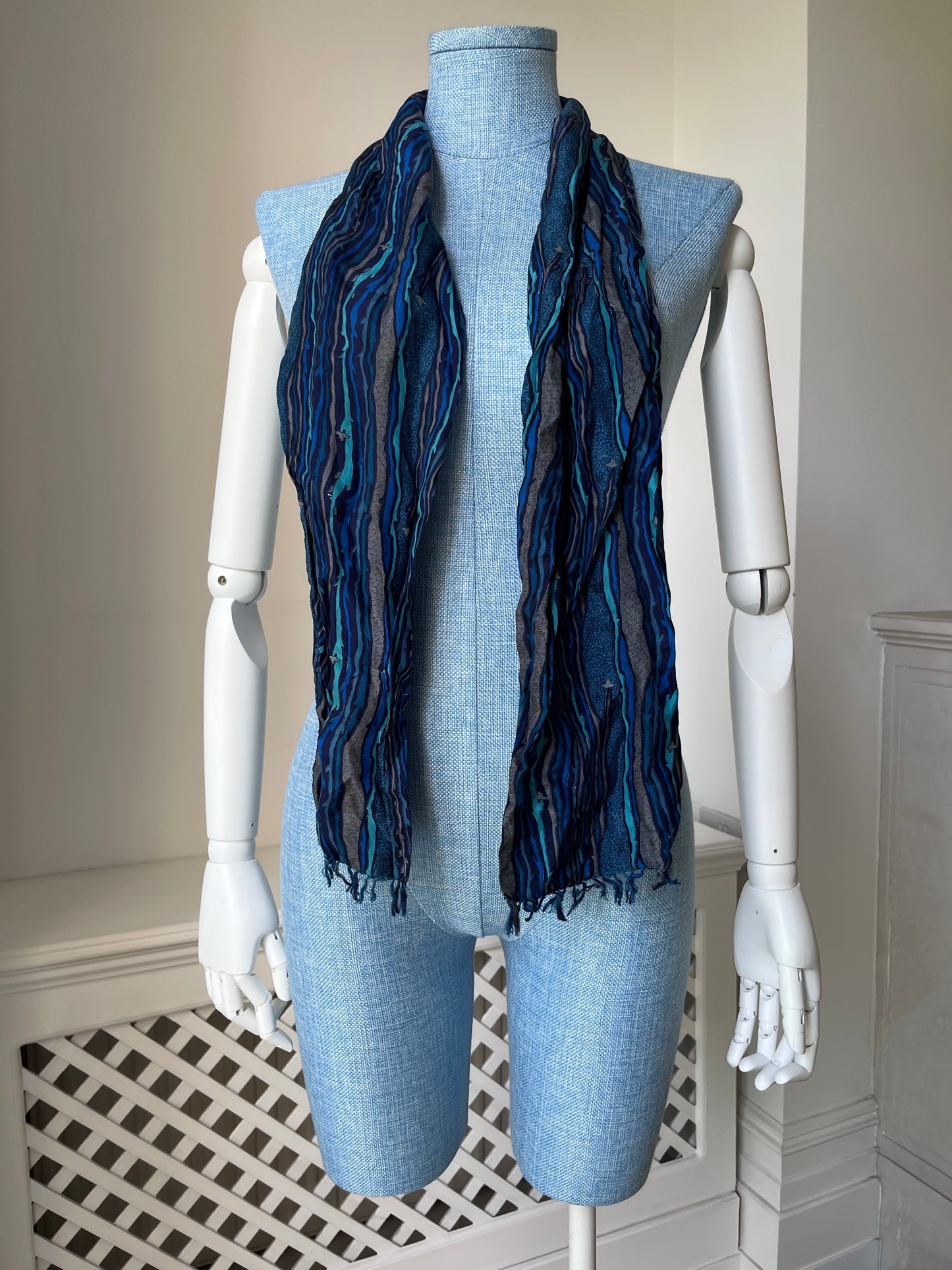 1970s Blue Striped Silk Scarf