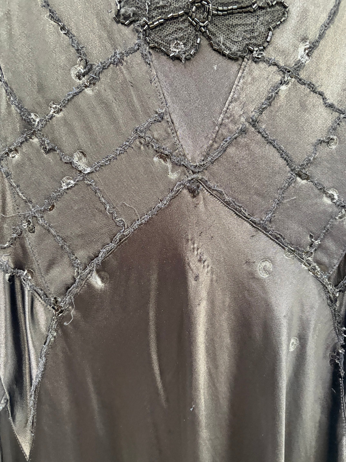 1930s Black Satin Beaded Evening Dress (wounded)