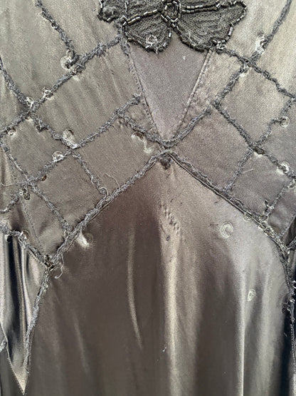1930s Black Satin Beaded Evening Dress (wounded)
